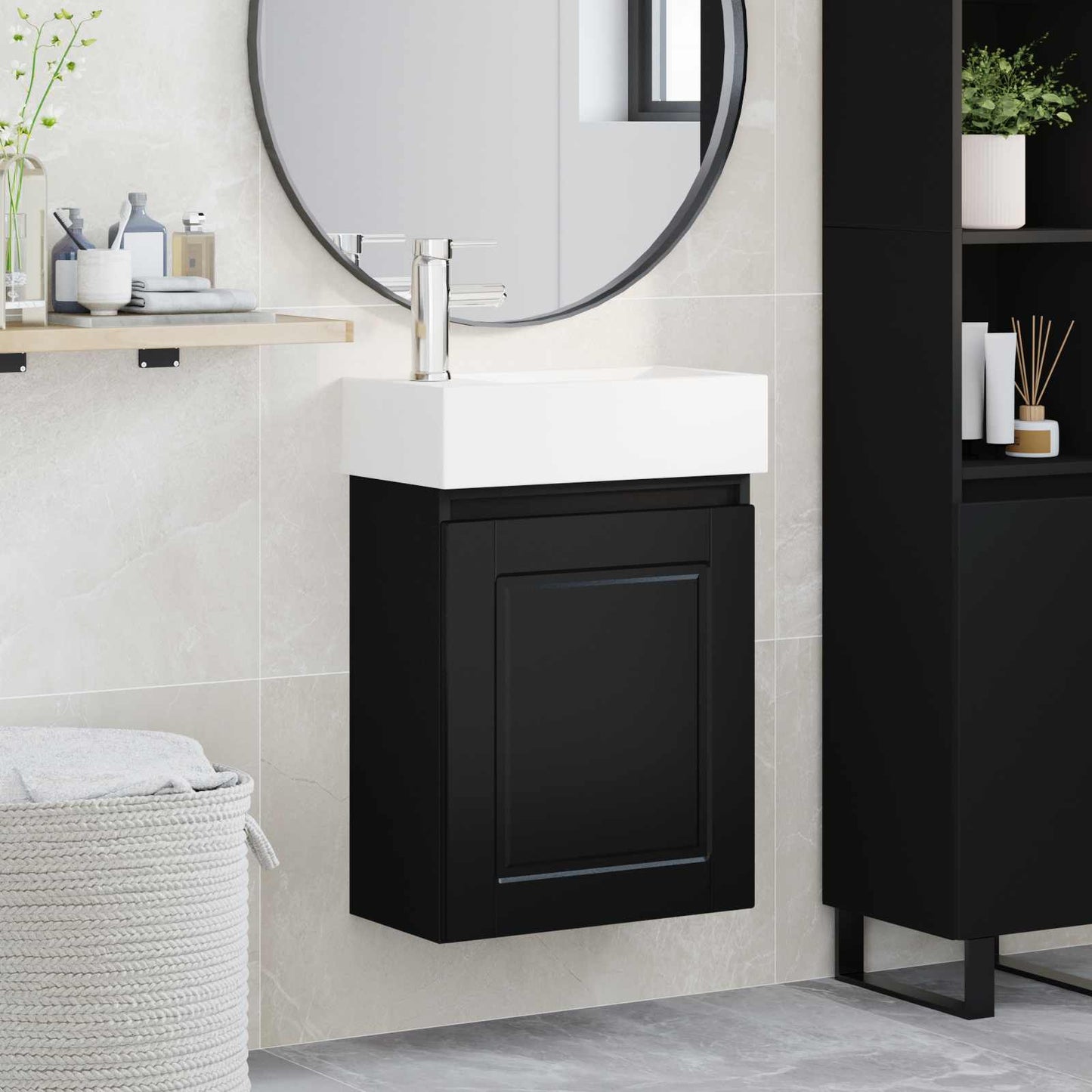 Badezimmer Waschtischunterschrank mit Wasserhahn Schwarz