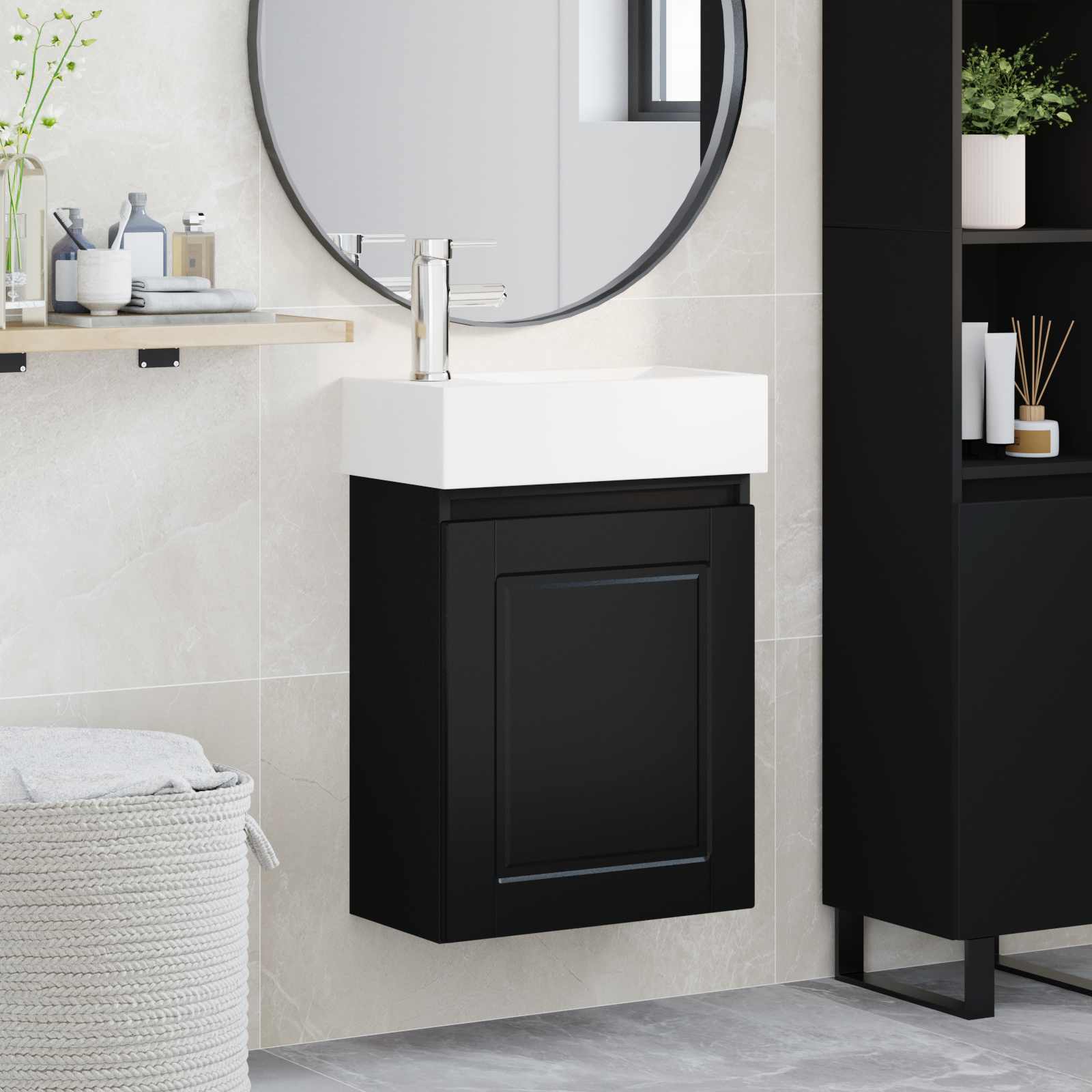 Badezimmer Waschtischunterschrank mit Wasserhahn Schwarz