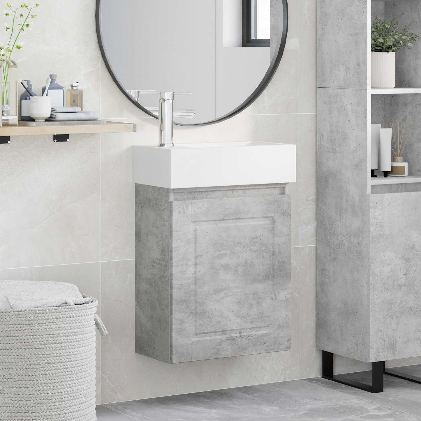Badezimmer Waschtischunterschrank mit Wasserhahn Betongrau