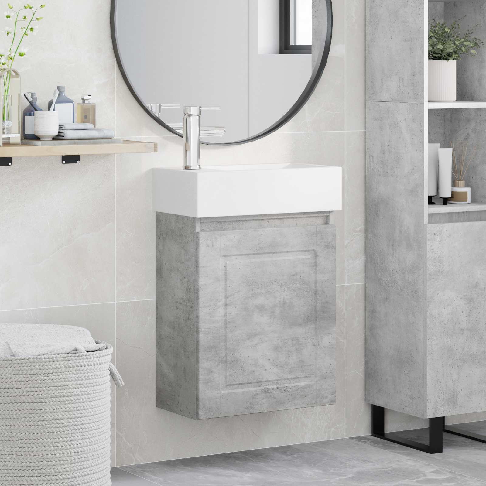 Badezimmer Waschtischunterschrank mit Wasserhahn Betongrau