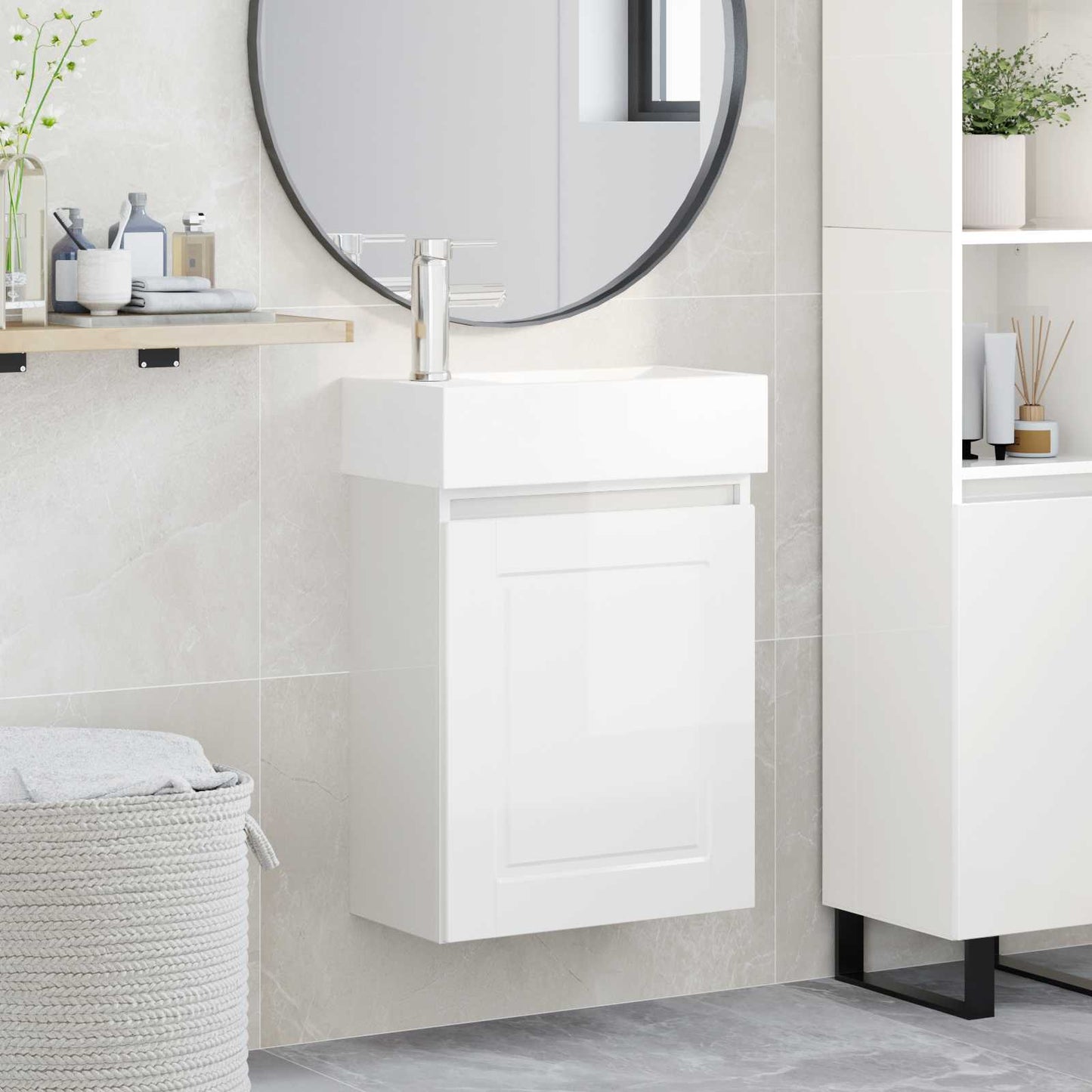 Badezimmer Waschtischunterschrank mit Wasserhahn Hochglanz Weiß