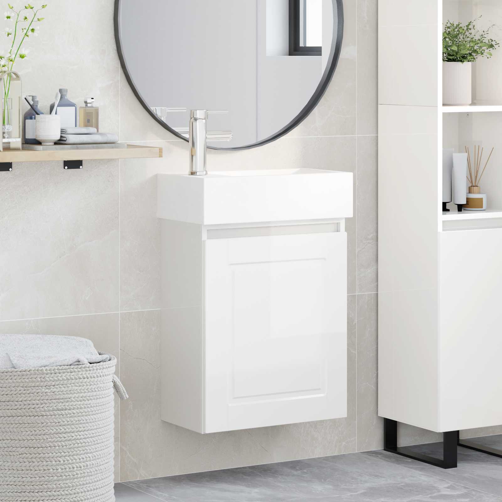 Badezimmer Waschtischunterschrank mit Wasserhahn Hochglanz Weiß