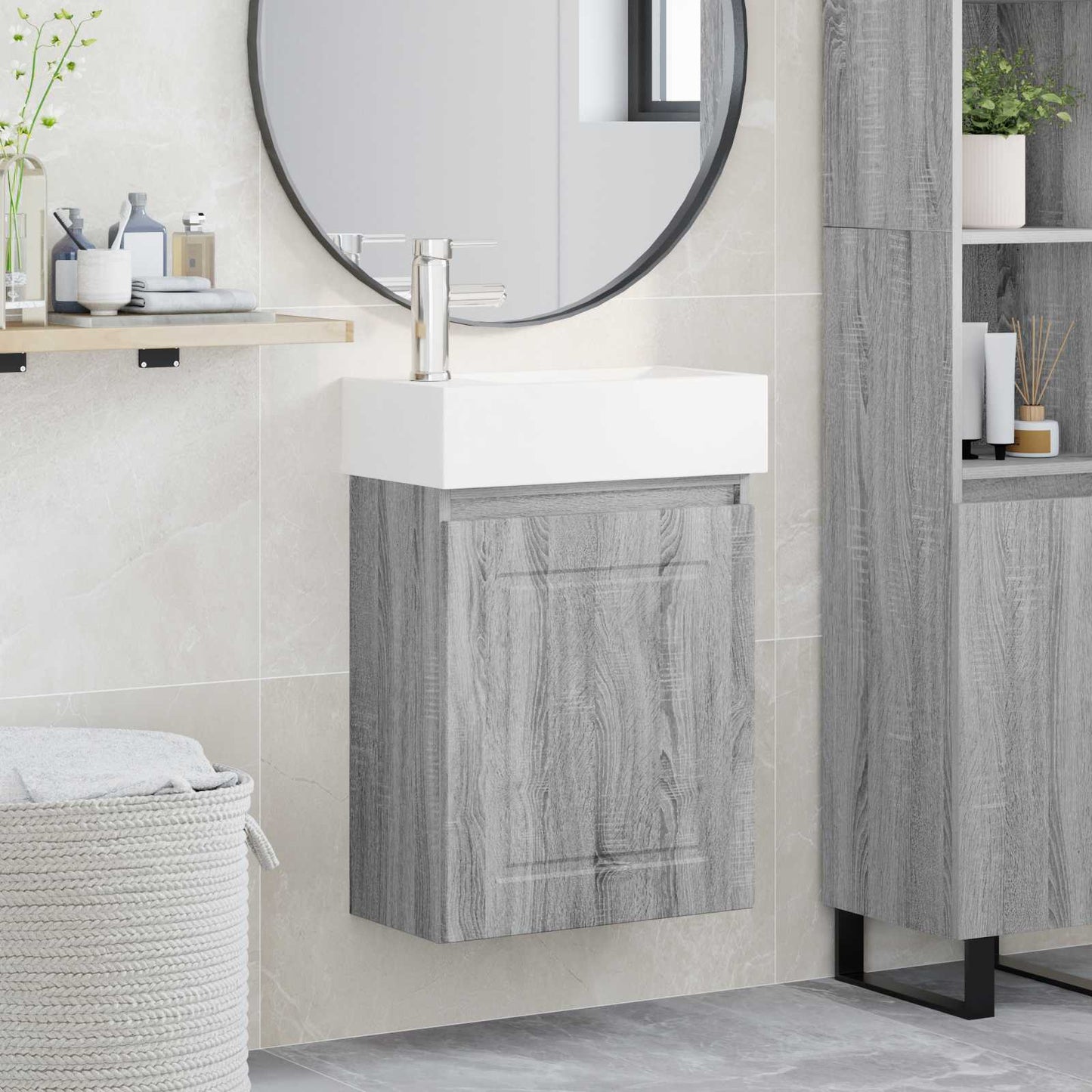 Badezimmer Waschtischunterschrank mit Wasserhahn Sonoma-Grau