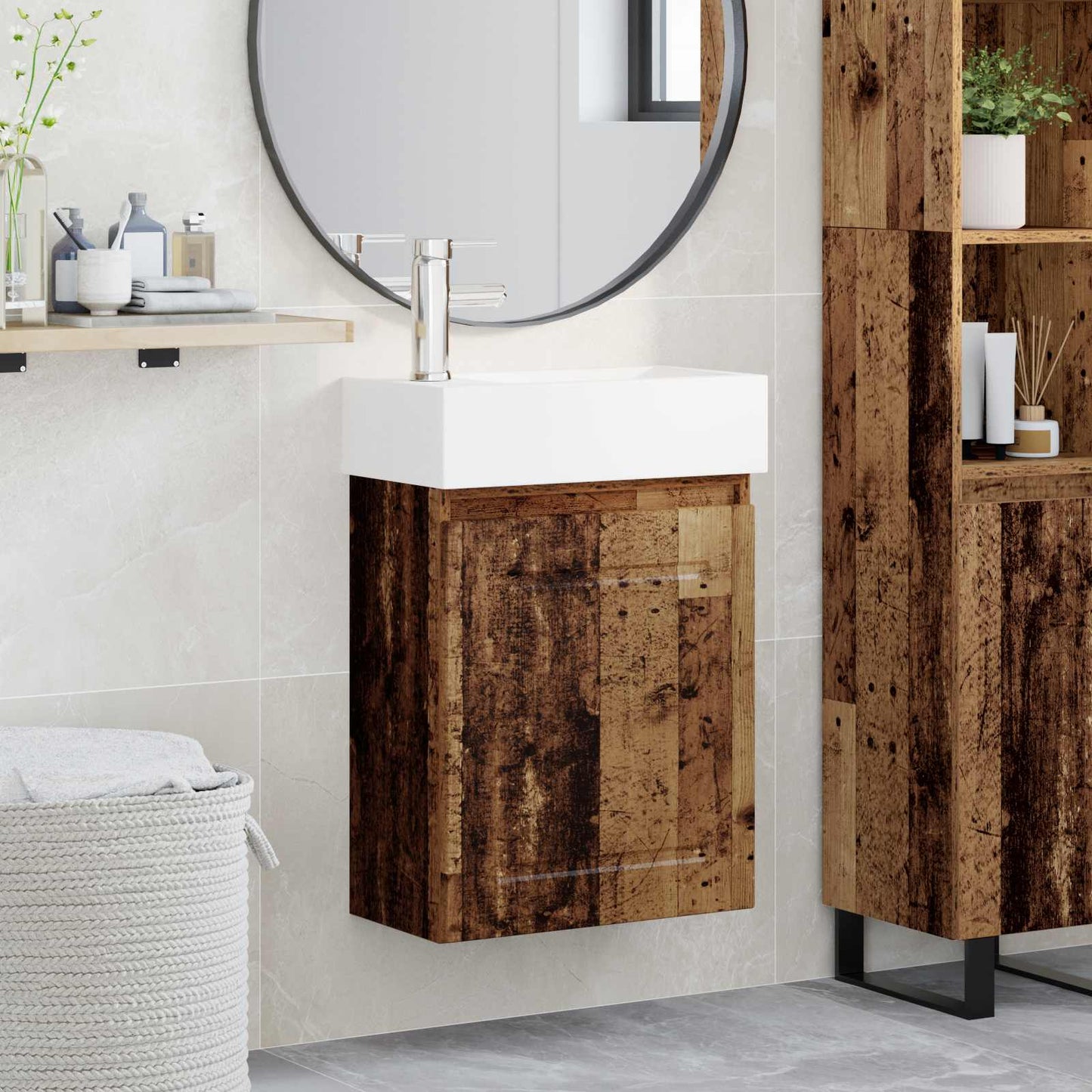 Badezimmer Waschtischunterschrank mit Wasserhahn Altholz
