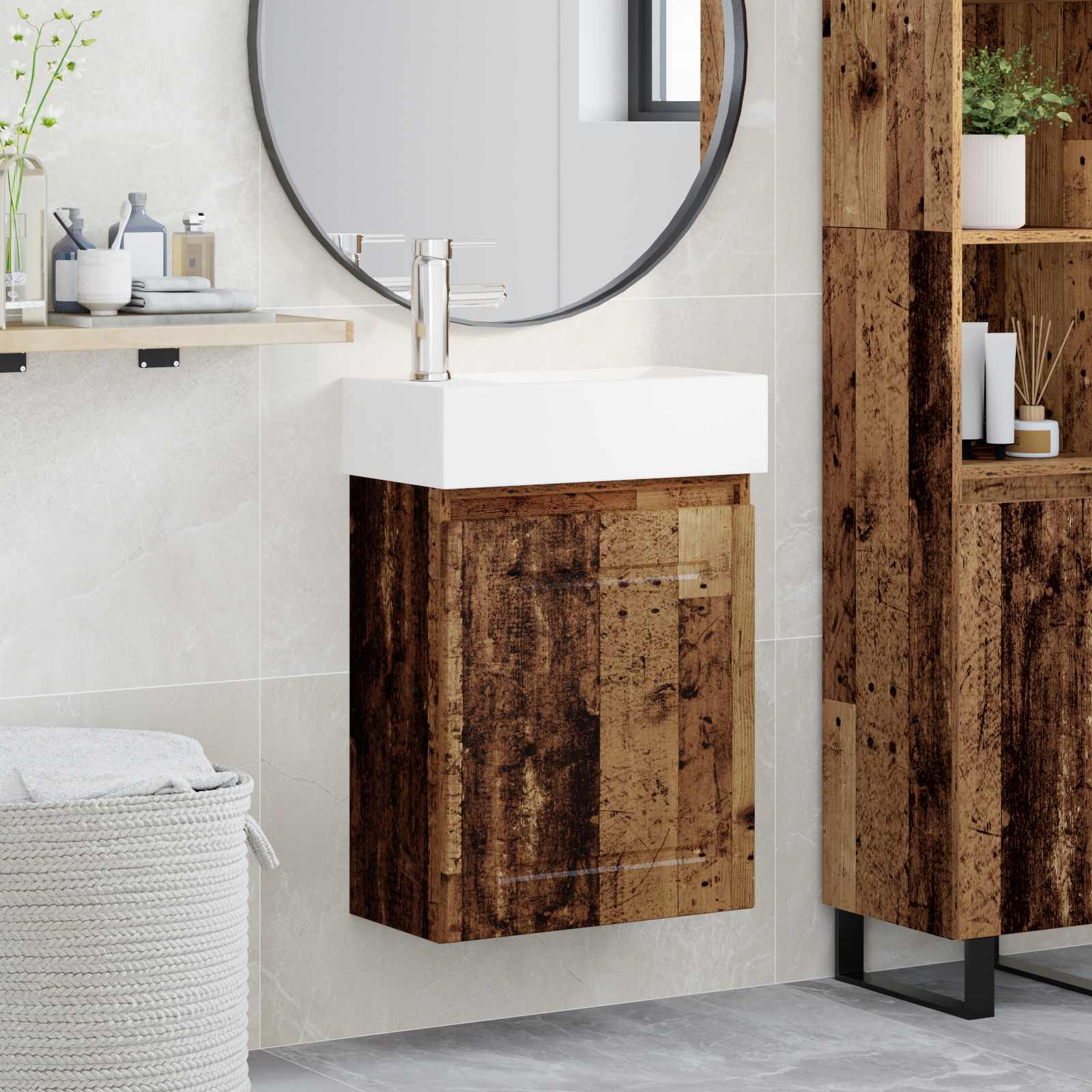 Badezimmer Waschtischunterschrank mit Wasserhahn Altholz