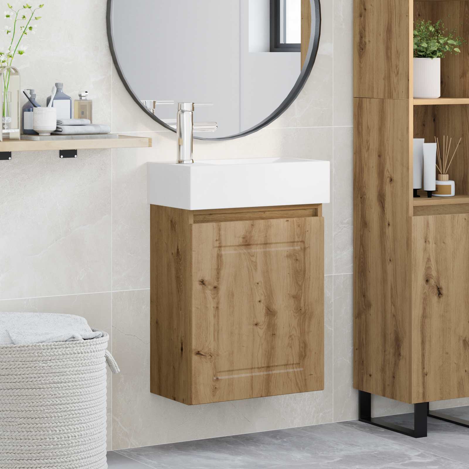 Badezimmer Waschtischunterschrank mit Wasserhahn Artisan-Eiche