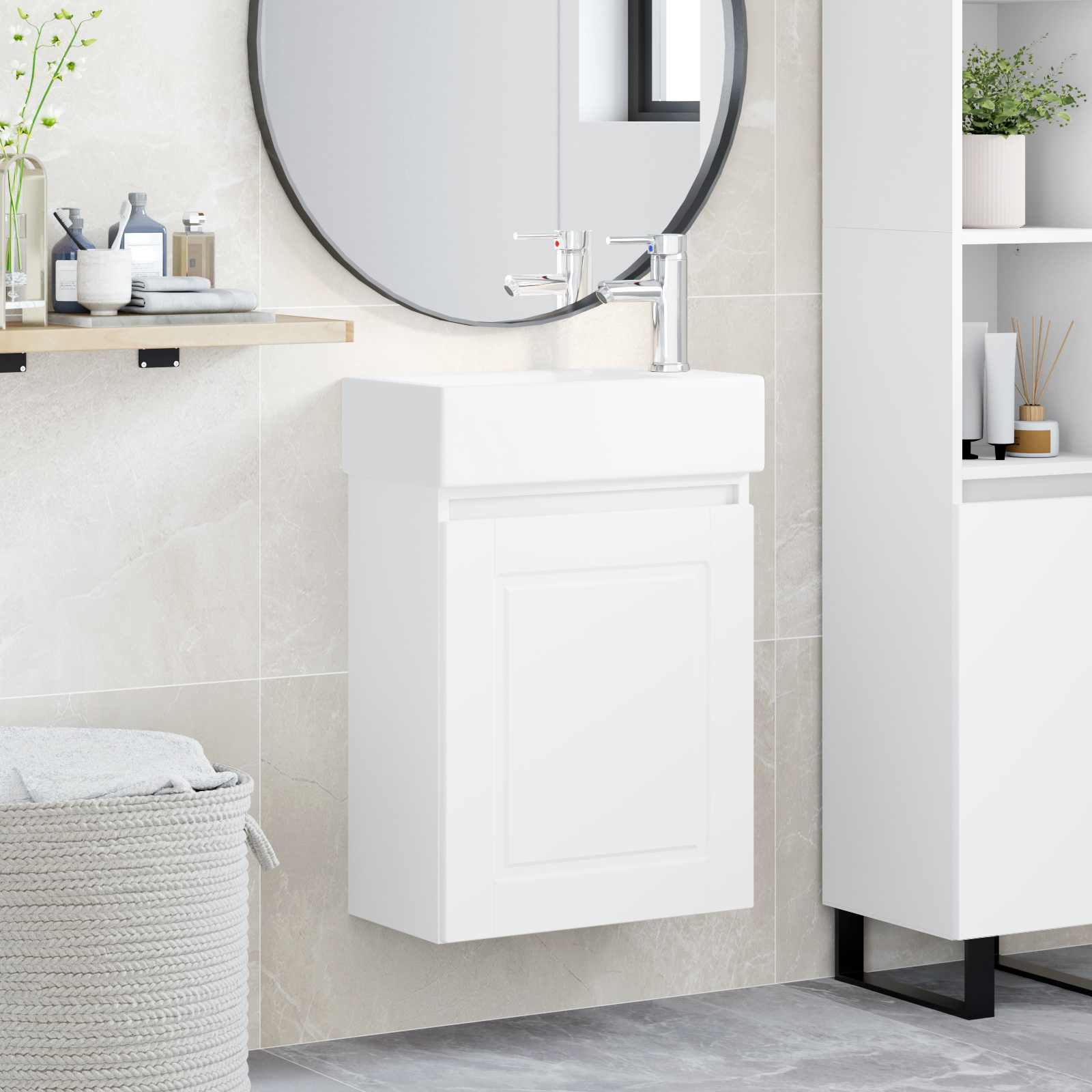Badezimmer Waschtischunterschrank mit Wasserhahn Weiß