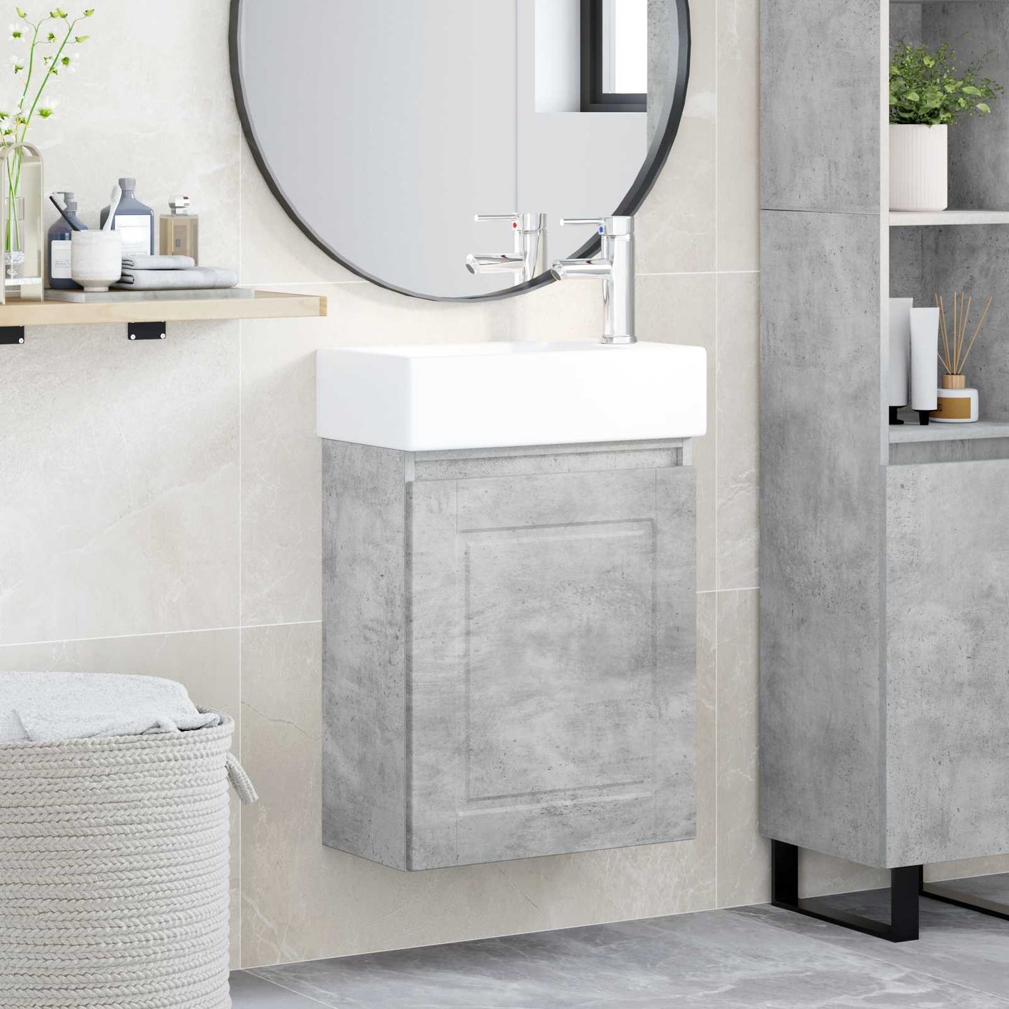 Badezimmer Waschtischunterschrank mit Wasserhahn Betongrau