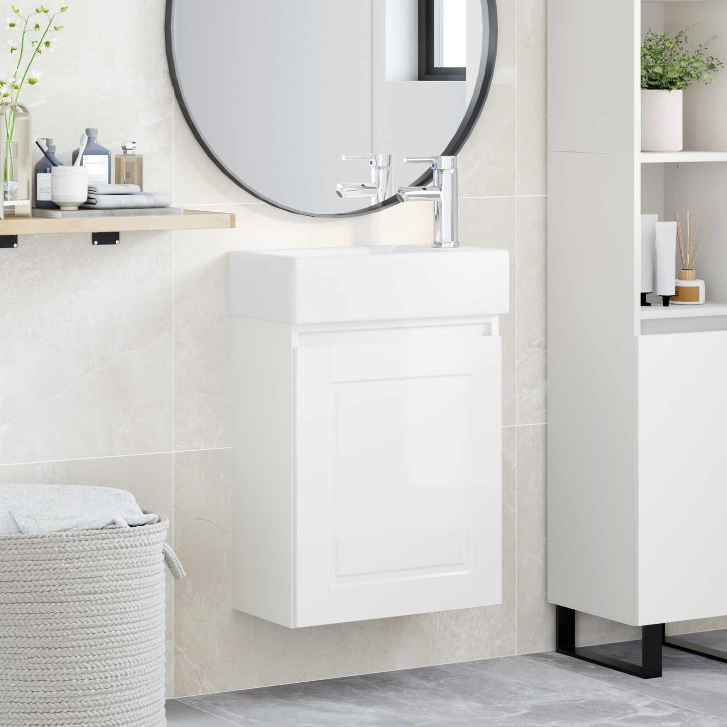 Badezimmer Waschtischunterschrank mit Wasserhahn Hochglanz Weiß