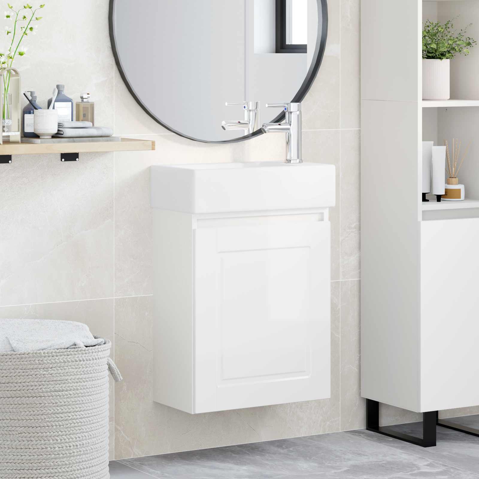 Badezimmer Waschtischunterschrank mit Wasserhahn Hochglanz Weiß