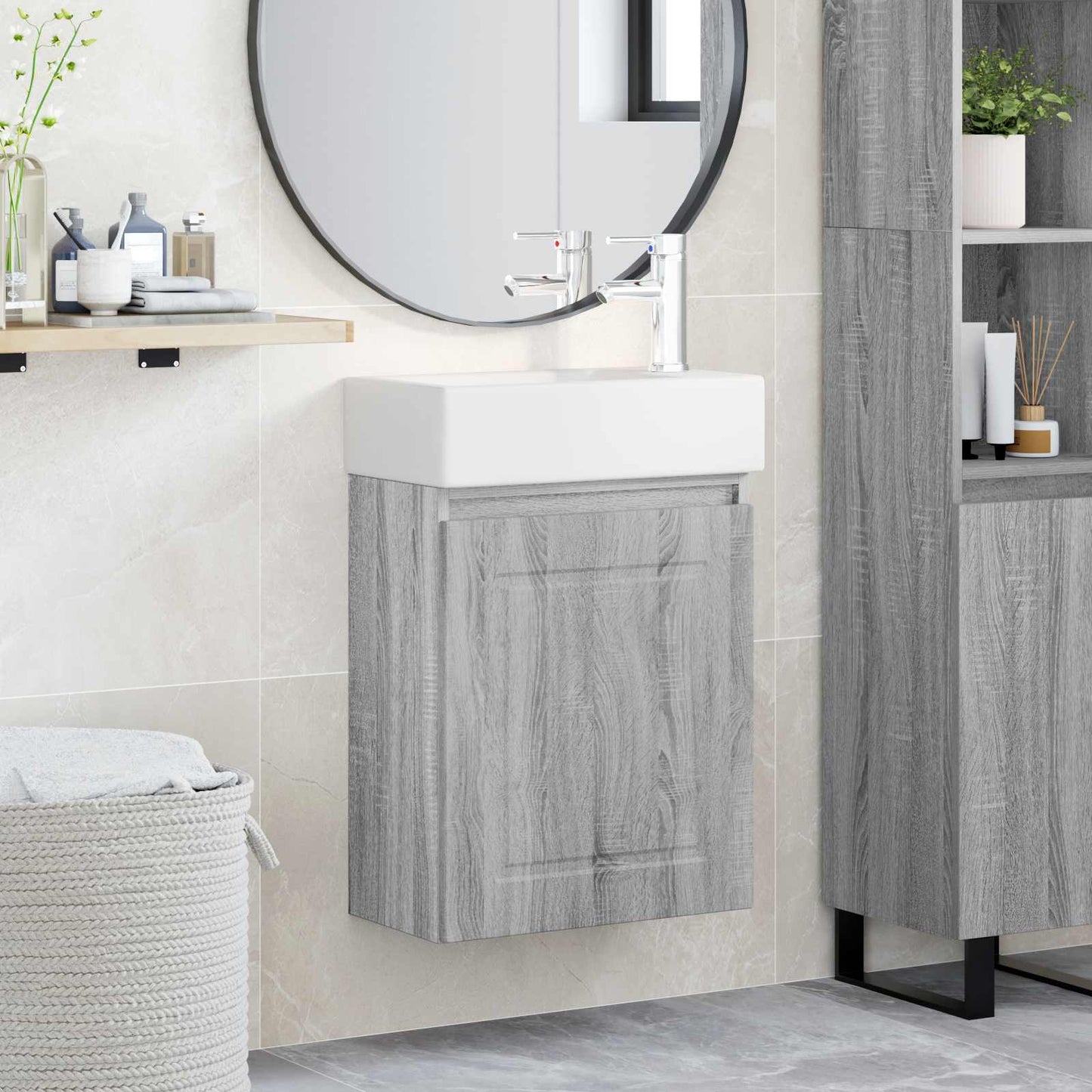 Badezimmer Waschtischunterschrank mit Wasserhahn Sonoma-Grau