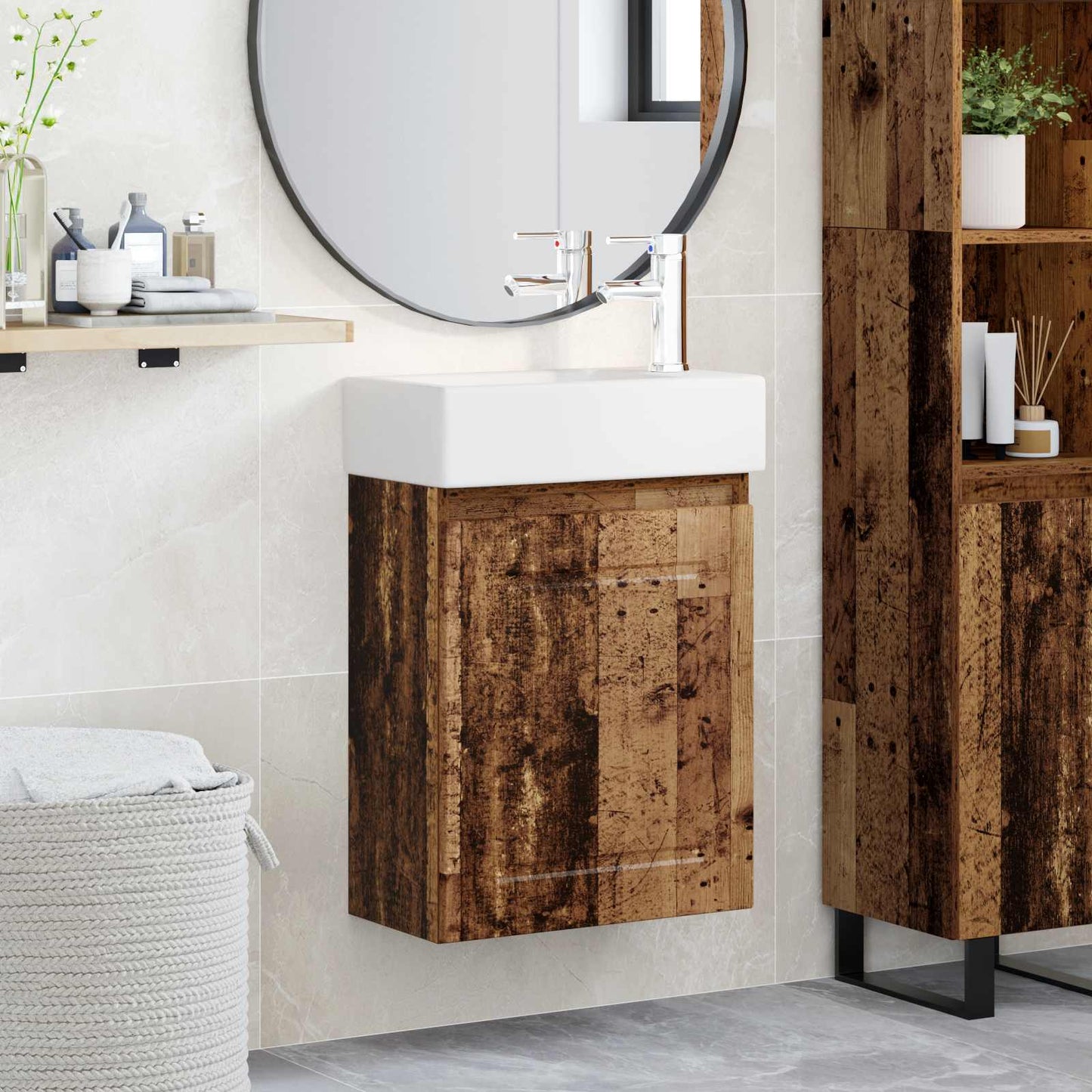 Badezimmer Waschtischunterschrank mit Wasserhahn Altholz