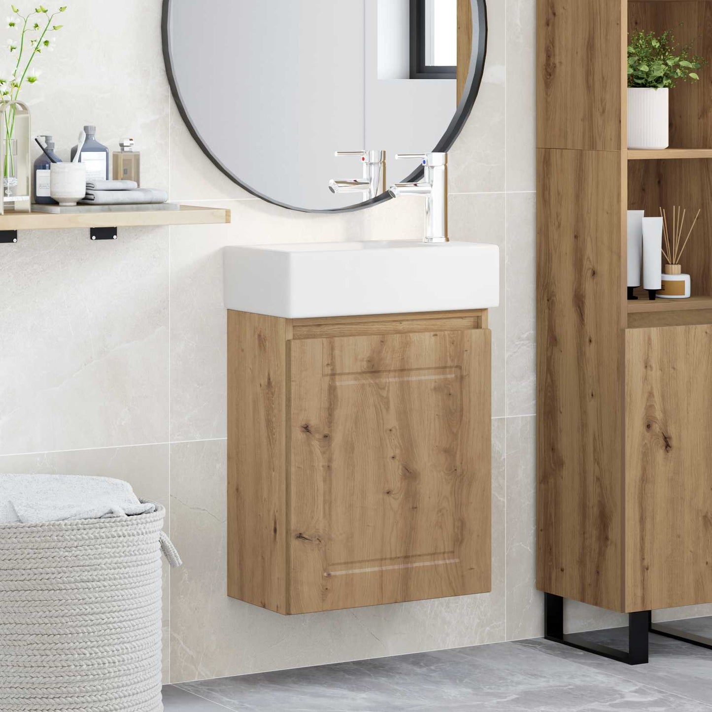 Badezimmer Waschtischunterschrank mit Wasserhahn Artisan-Eiche