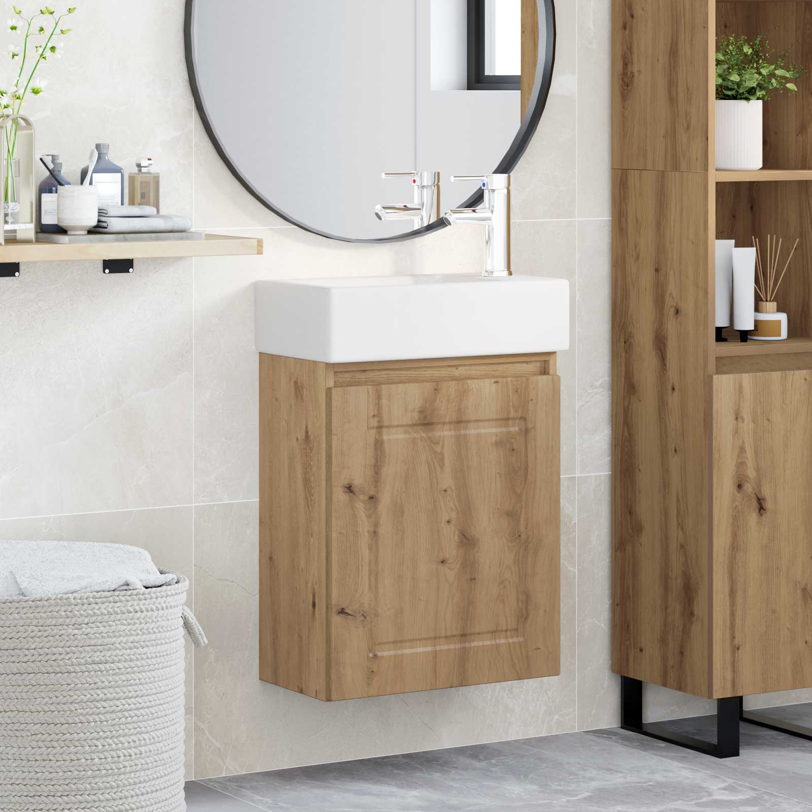 Badezimmer Waschtischunterschrank mit Wasserhahn Artisan-Eiche