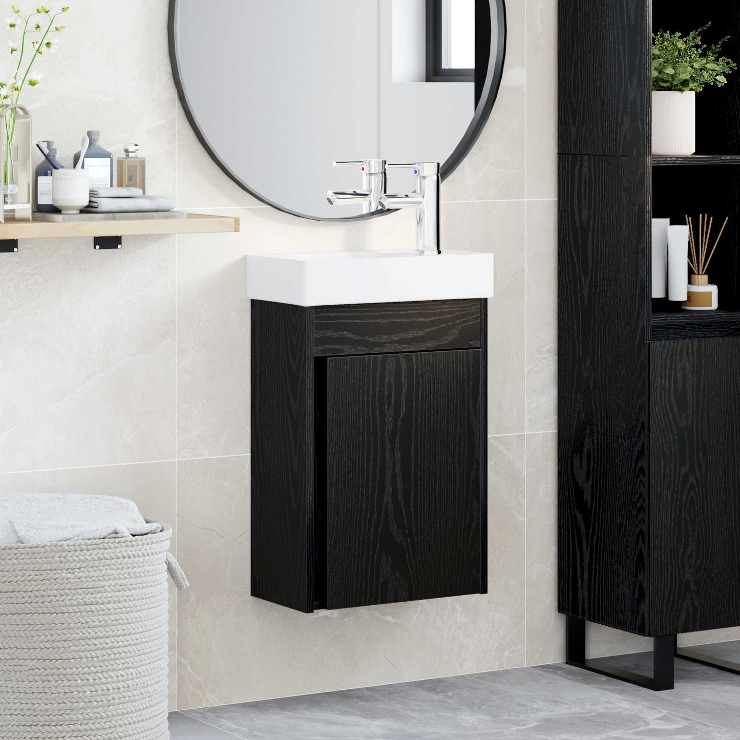 Badezimmer Waschtischunterschrank mit Wasserhahn Schwarze Eiche