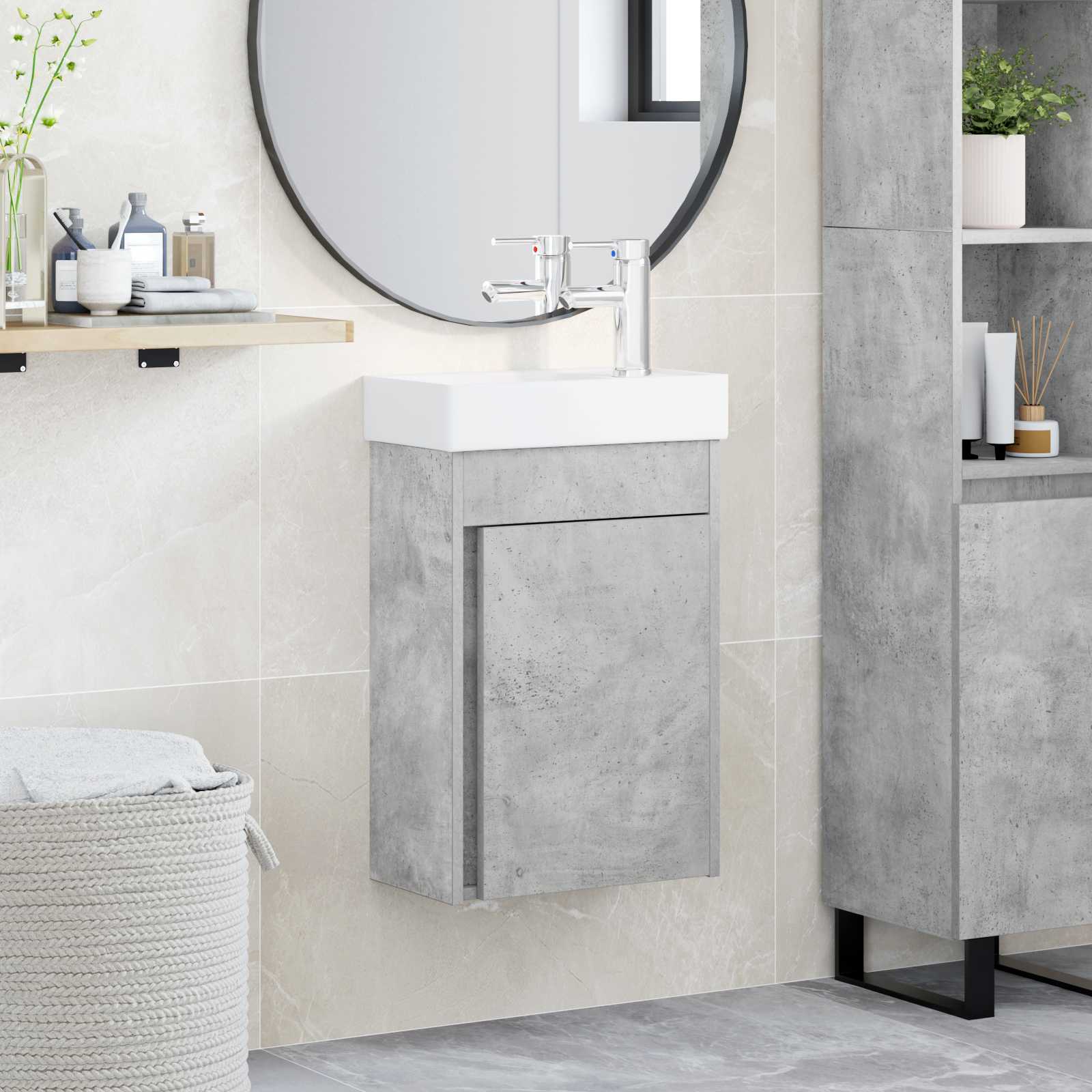 Badezimmer Waschtischunterschrank mit Wasserhahn Betongrau