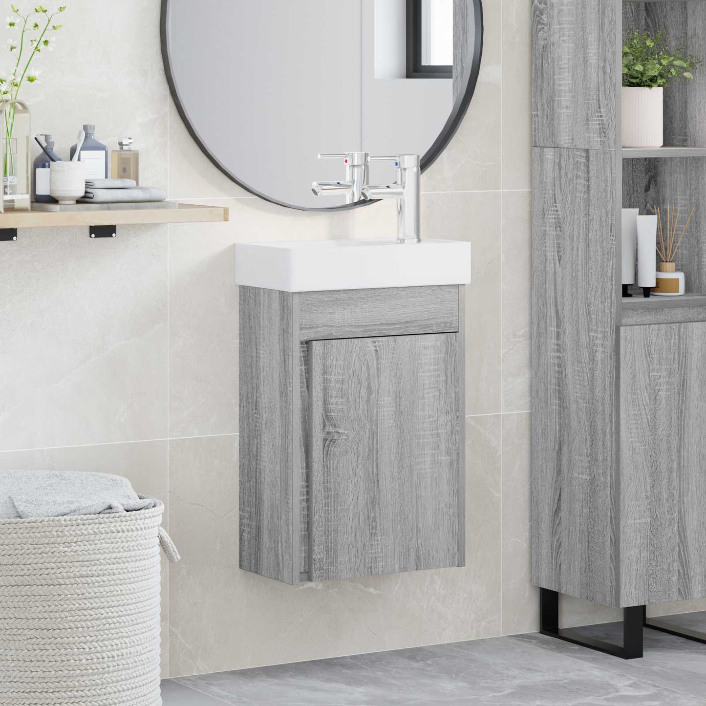 Badezimmer Waschtischunterschrank mit Wasserhahn Grau Sonoma