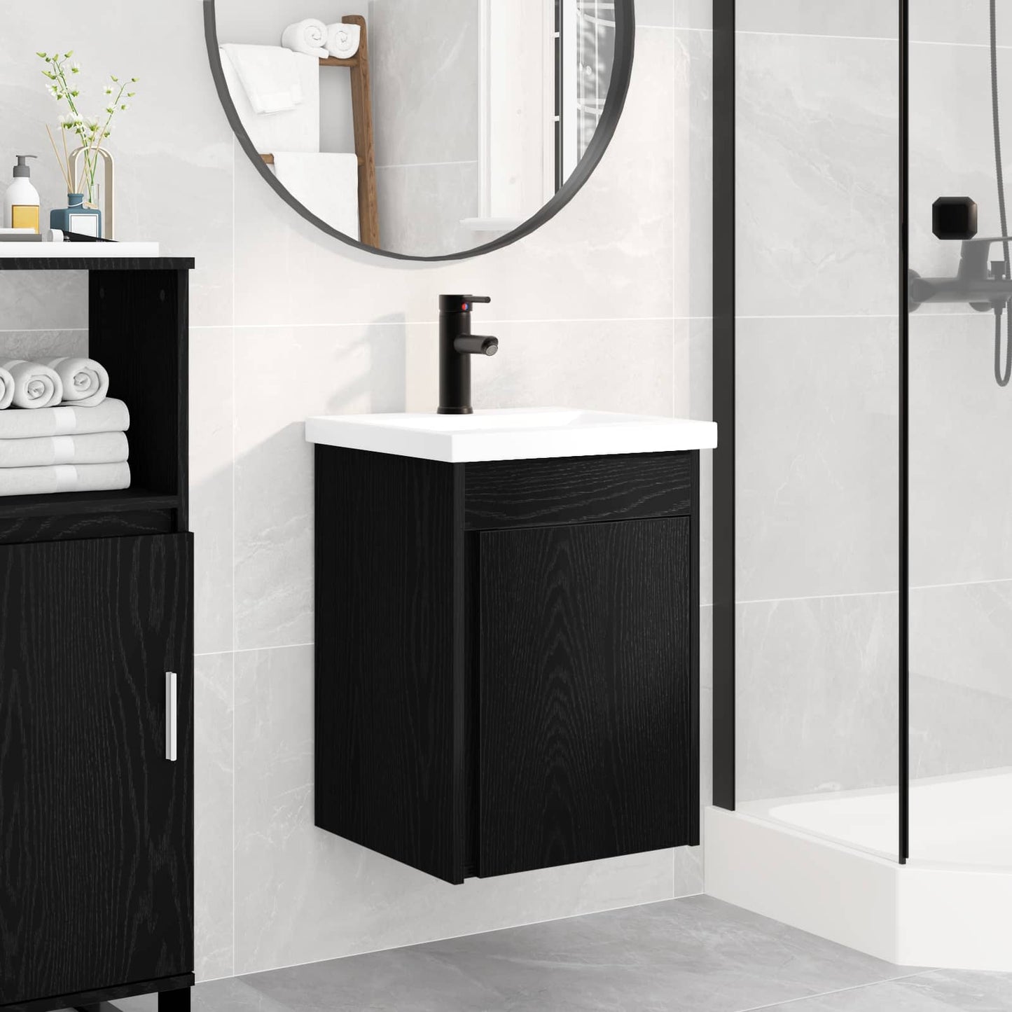 Badezimmer Waschtischunterschrank mit Wasserhahn Schwarze Eiche