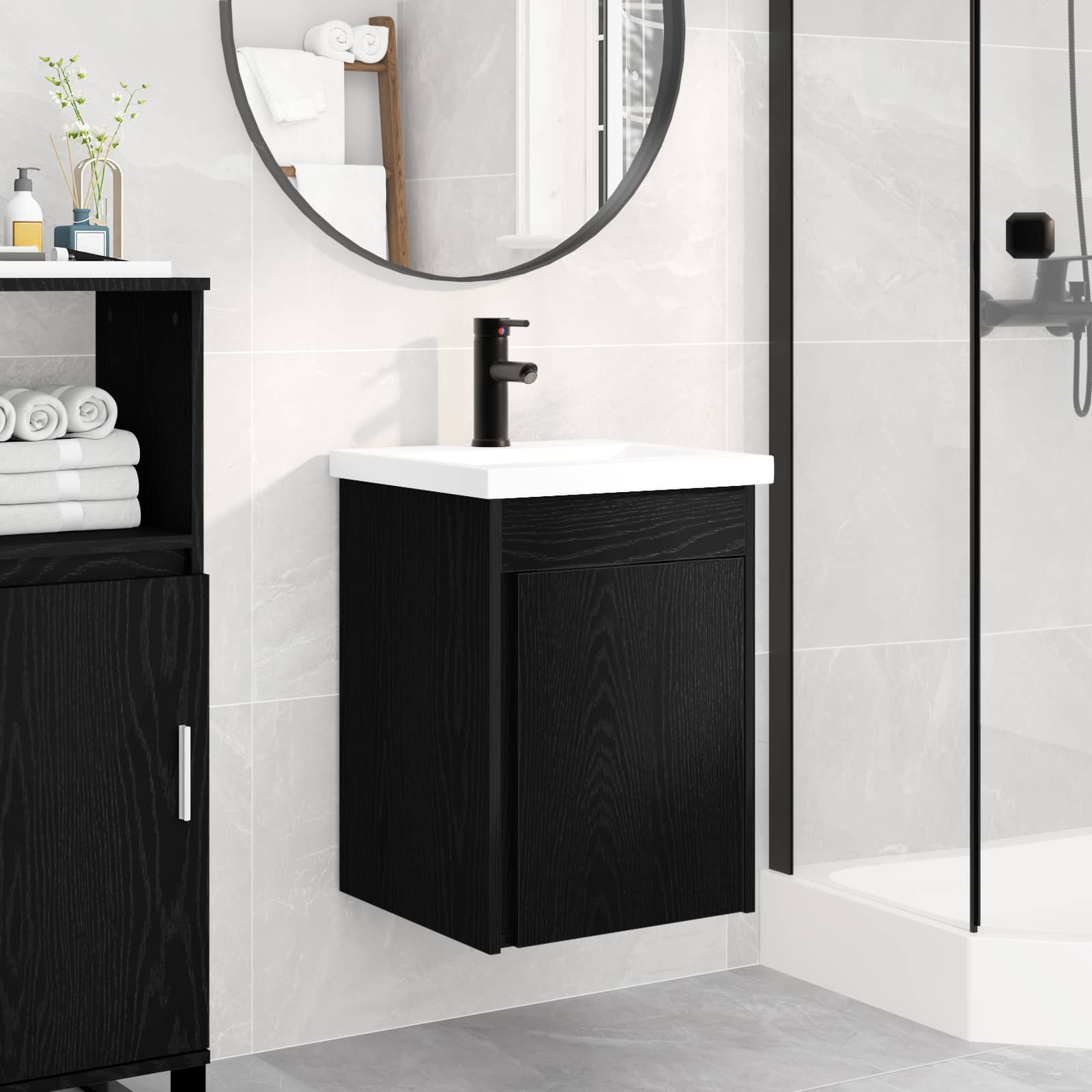 Badezimmer Waschtischunterschrank mit Wasserhahn Schwarze Eiche