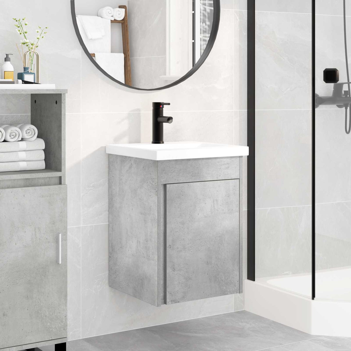 Badezimmer Waschtischunterschrank mit Wasserhahn Betongrau