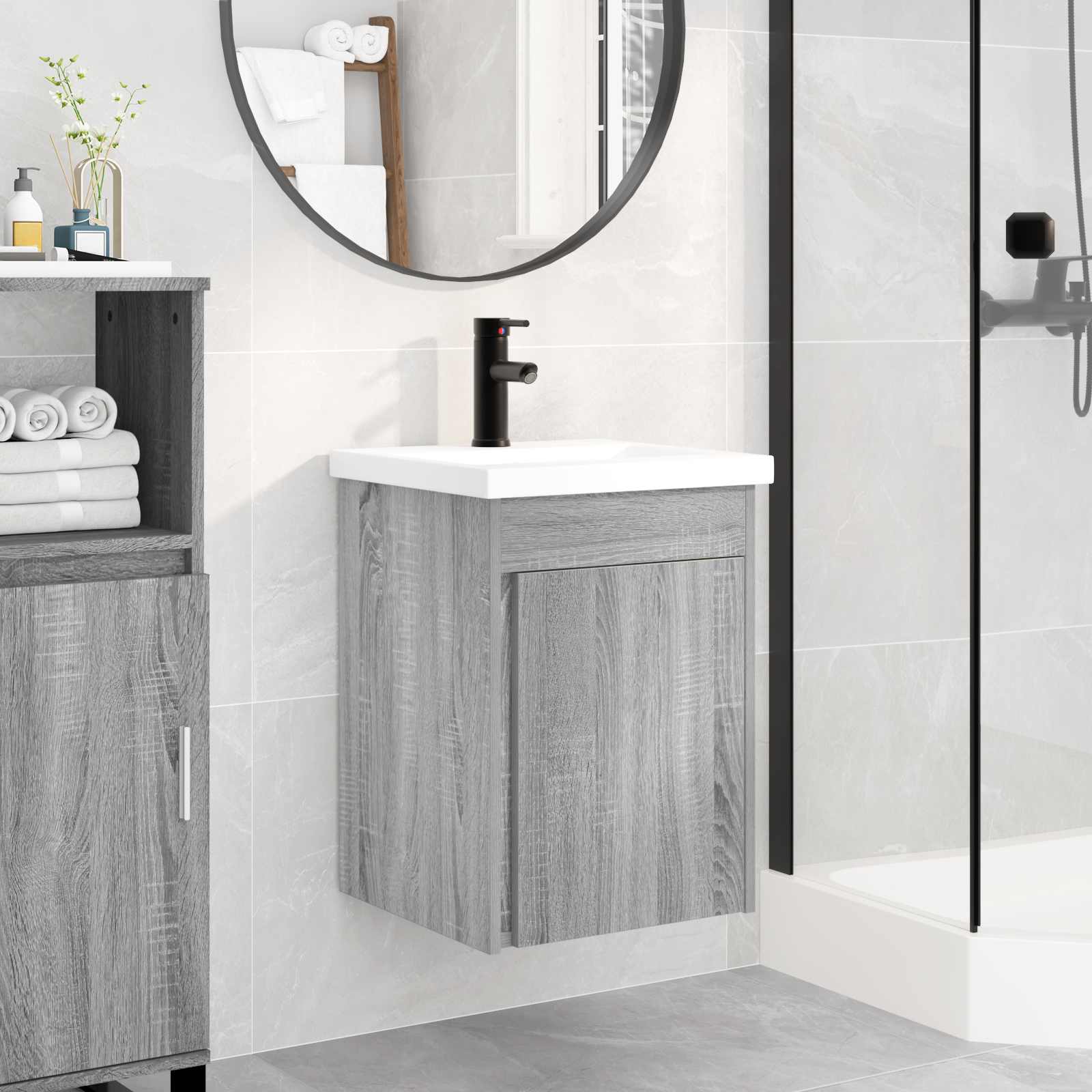 Badezimmer Waschtischunterschrank mit Wasserhahn Grau Sonoma