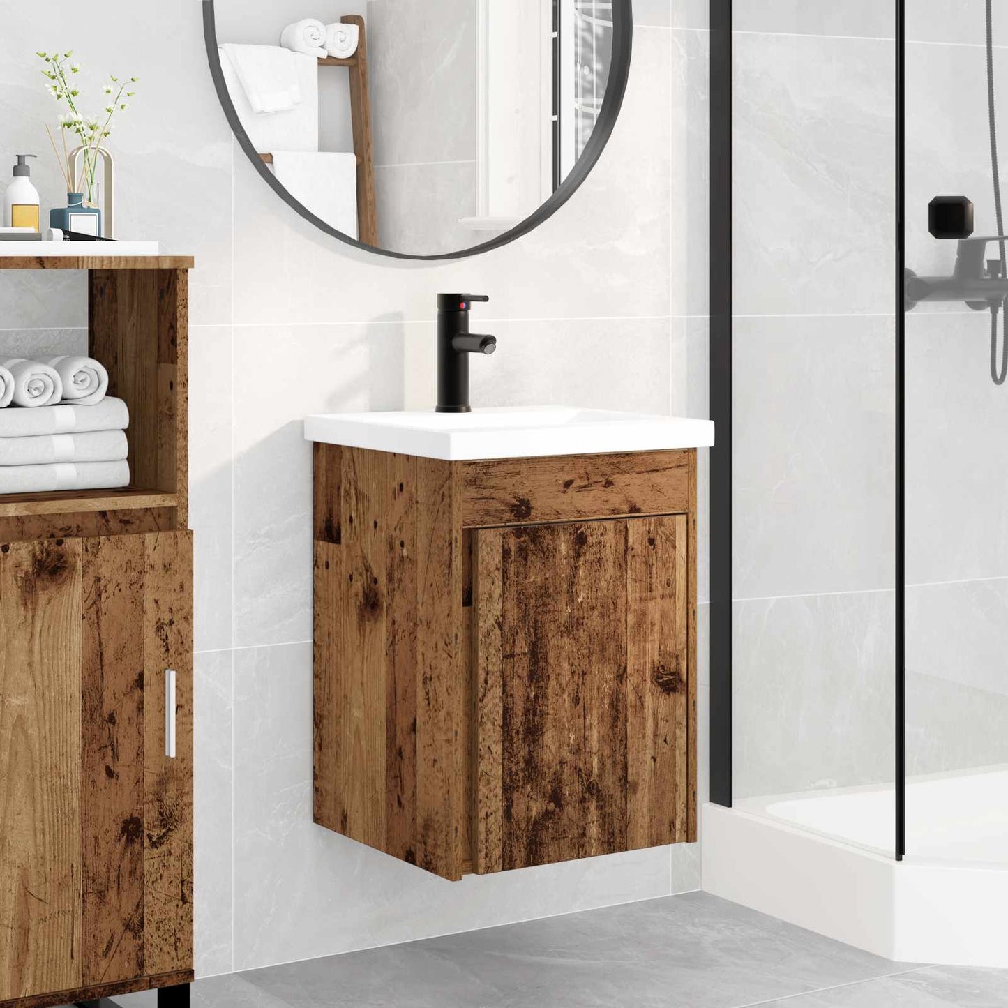 Badezimmer Waschtischunterschrank mit Wasserhahn Altholz