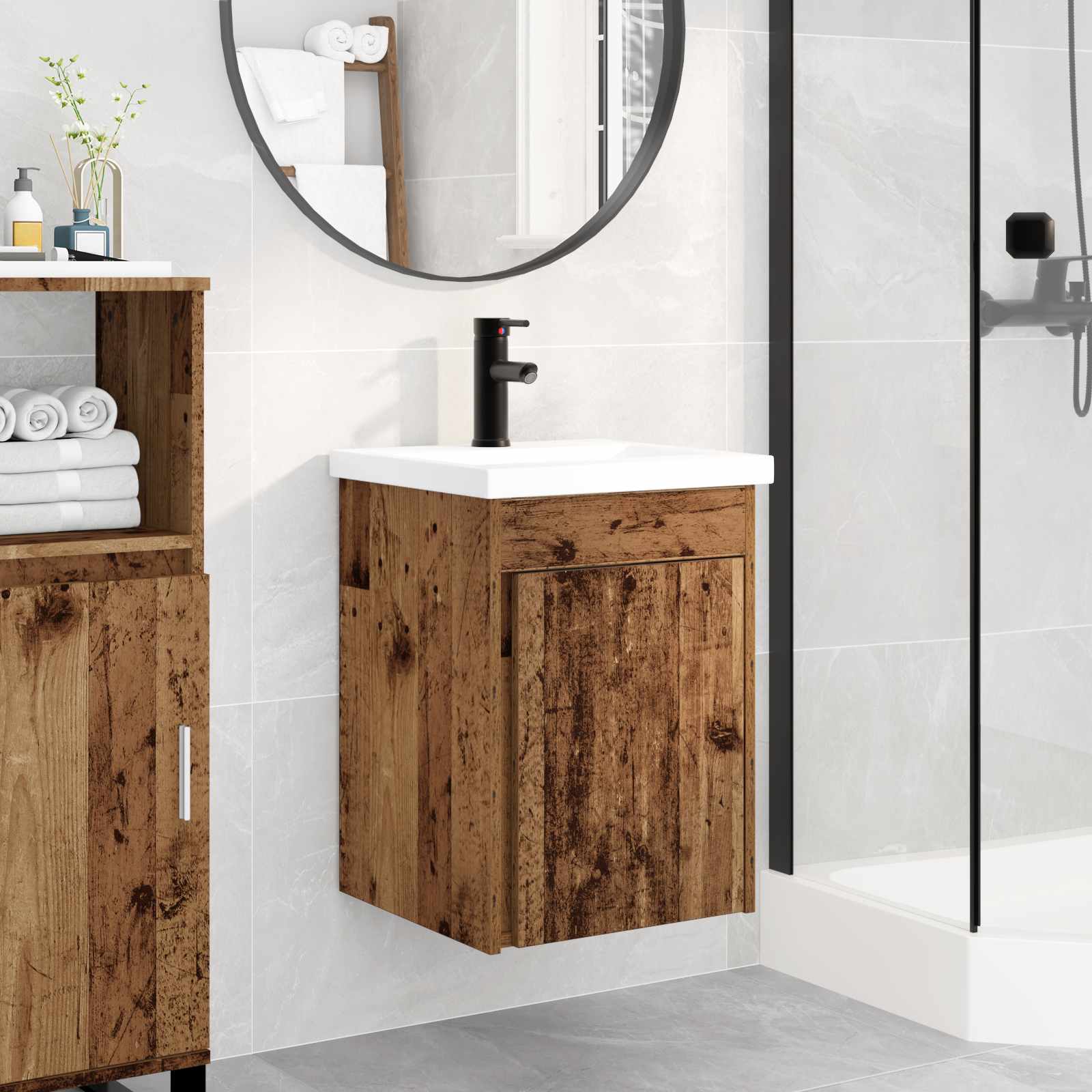 Badezimmer Waschtischunterschrank mit Wasserhahn Altholz