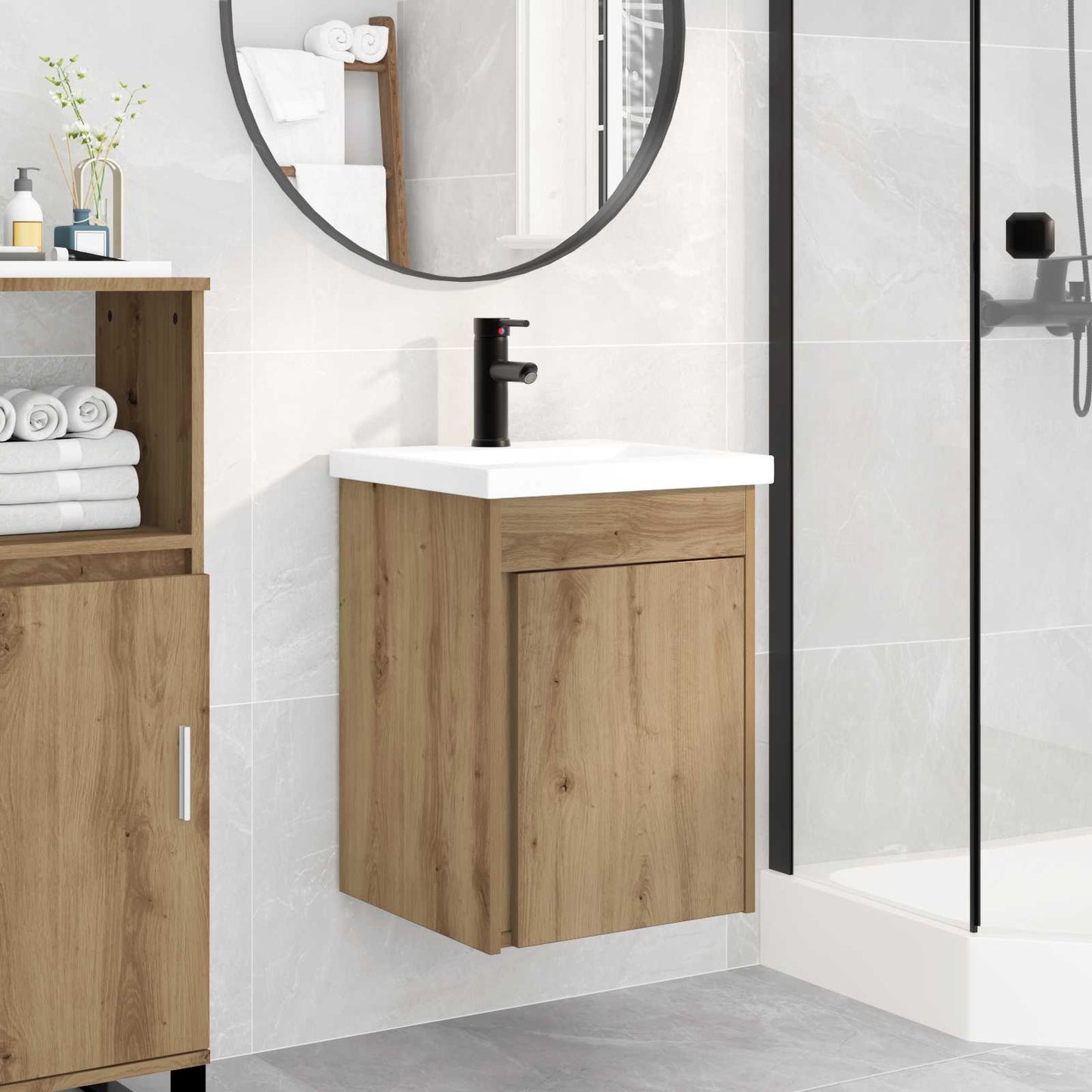 Badezimmer Waschtischunterschrank mit Wasserhahn Artisan-Eiche