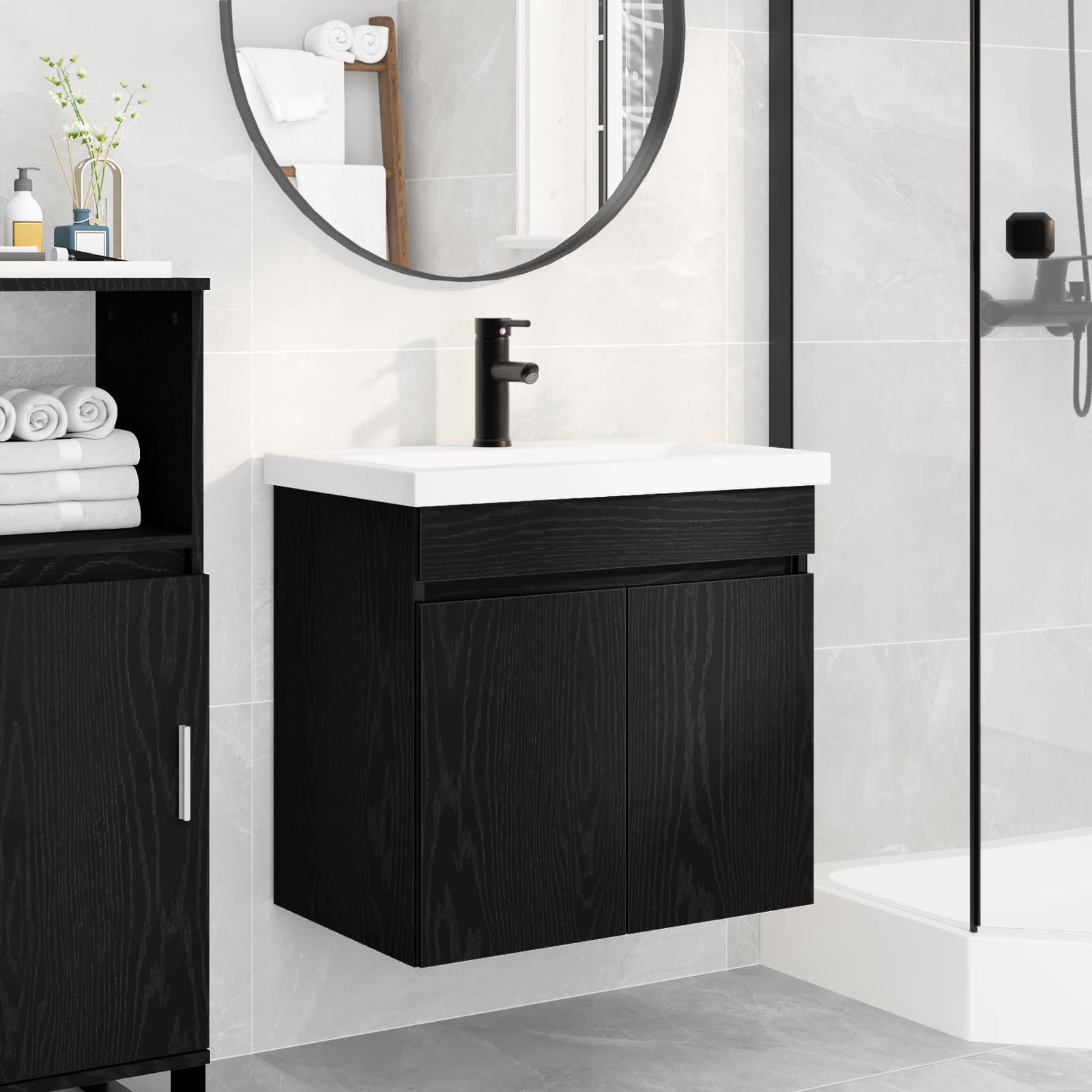 Badezimmer Waschtischunterschrank mit Wasserhahn Schwarze Eiche