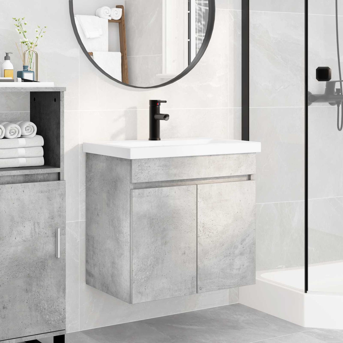 Badezimmer Waschtischunterschrank mit Wasserhahn Betongrau