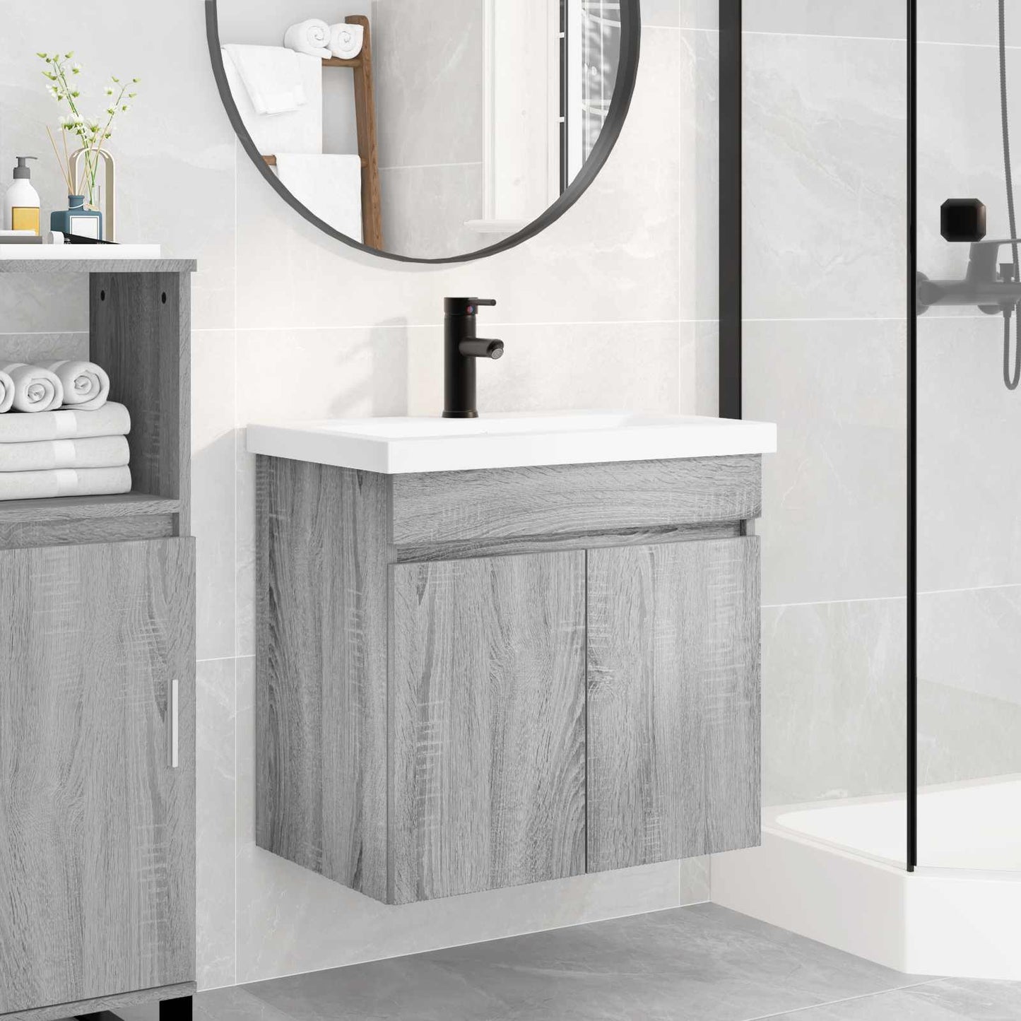 Badezimmer Waschtischunterschrank mit Wasserhahn Grau Sonoma