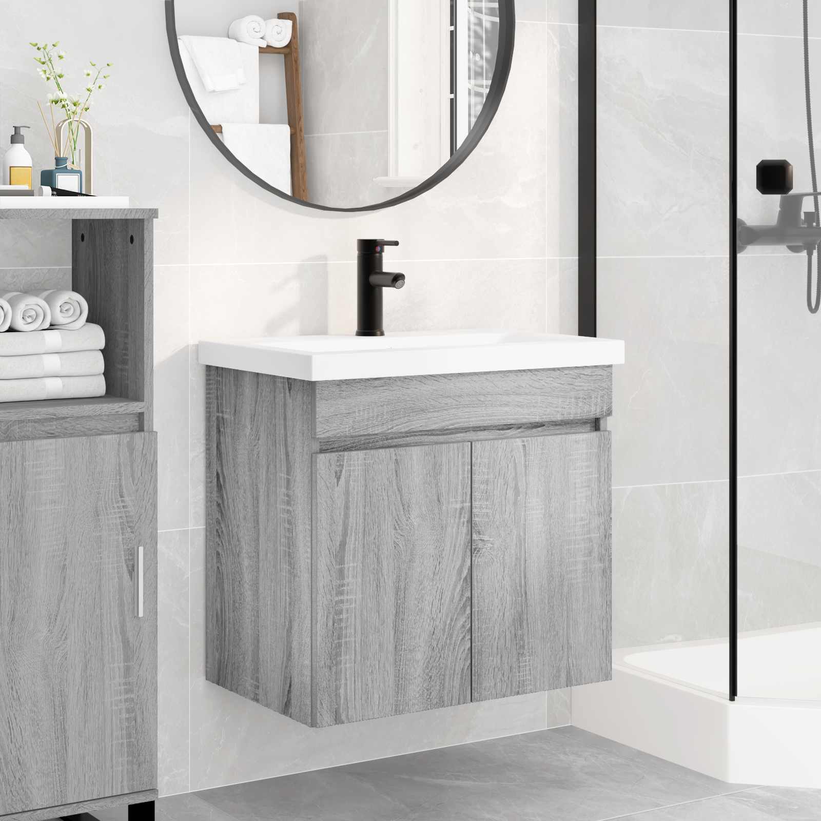 Badezimmer Waschtischunterschrank mit Wasserhahn Grau Sonoma