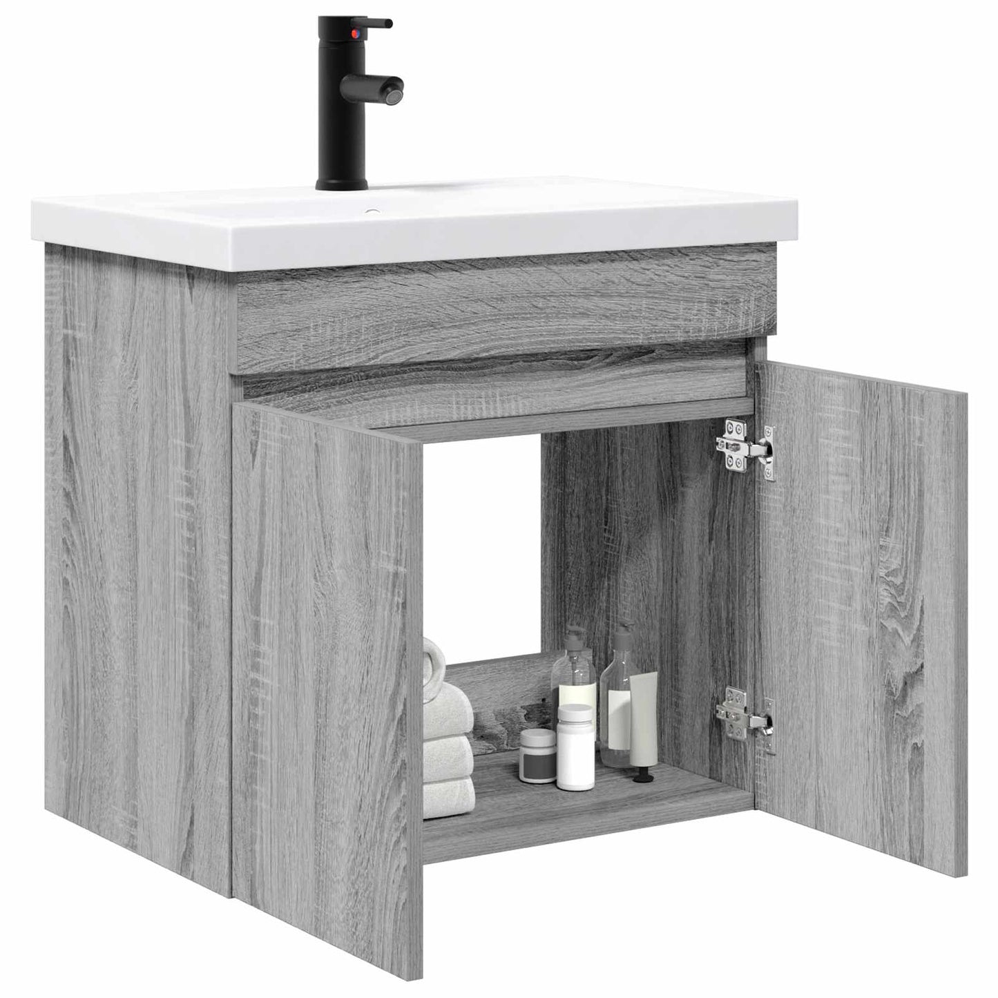 Badezimmer Waschtischunterschrank mit Wasserhahn Grau Sonoma