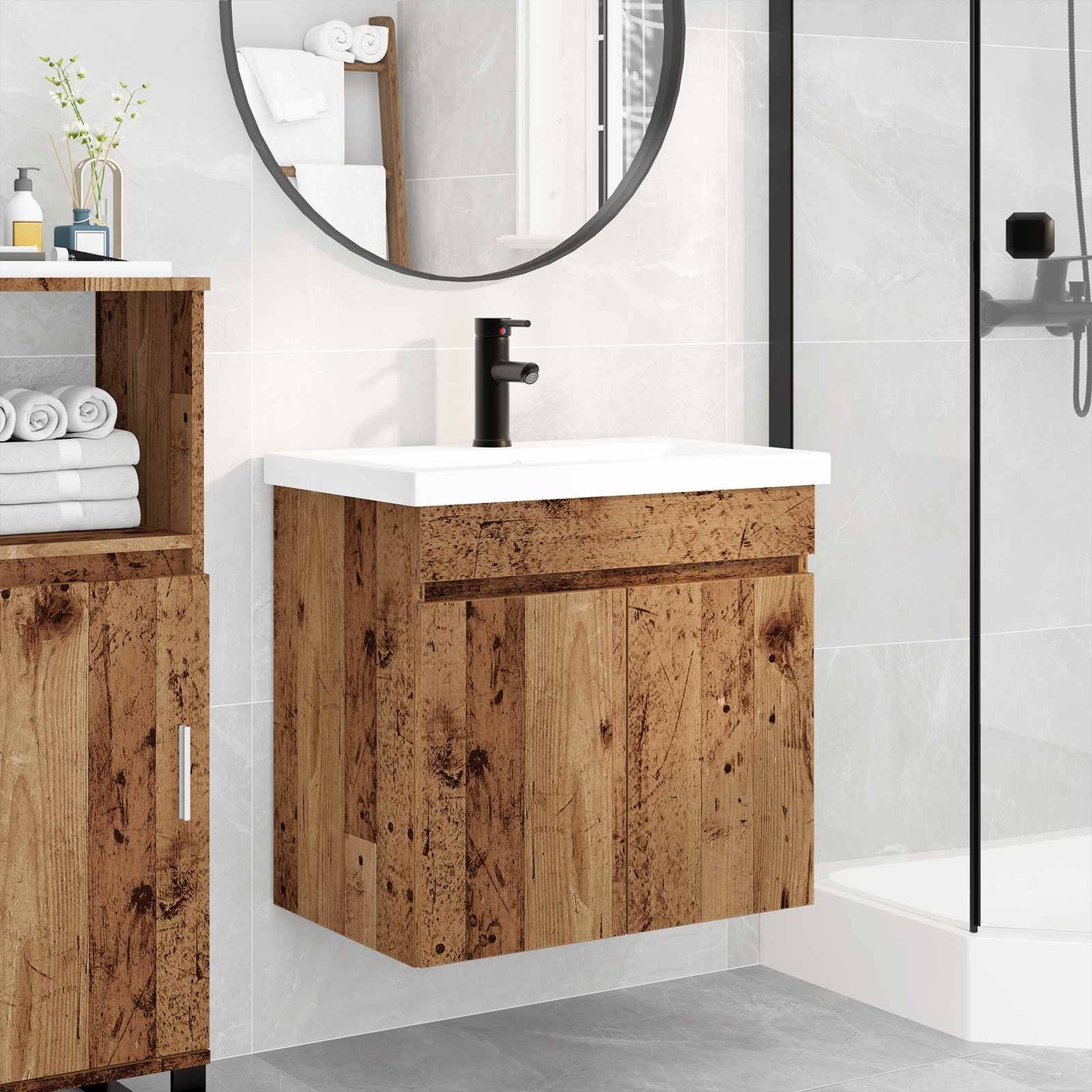 Badezimmer Waschtischunterschrank mit Wasserhahn Altholz
