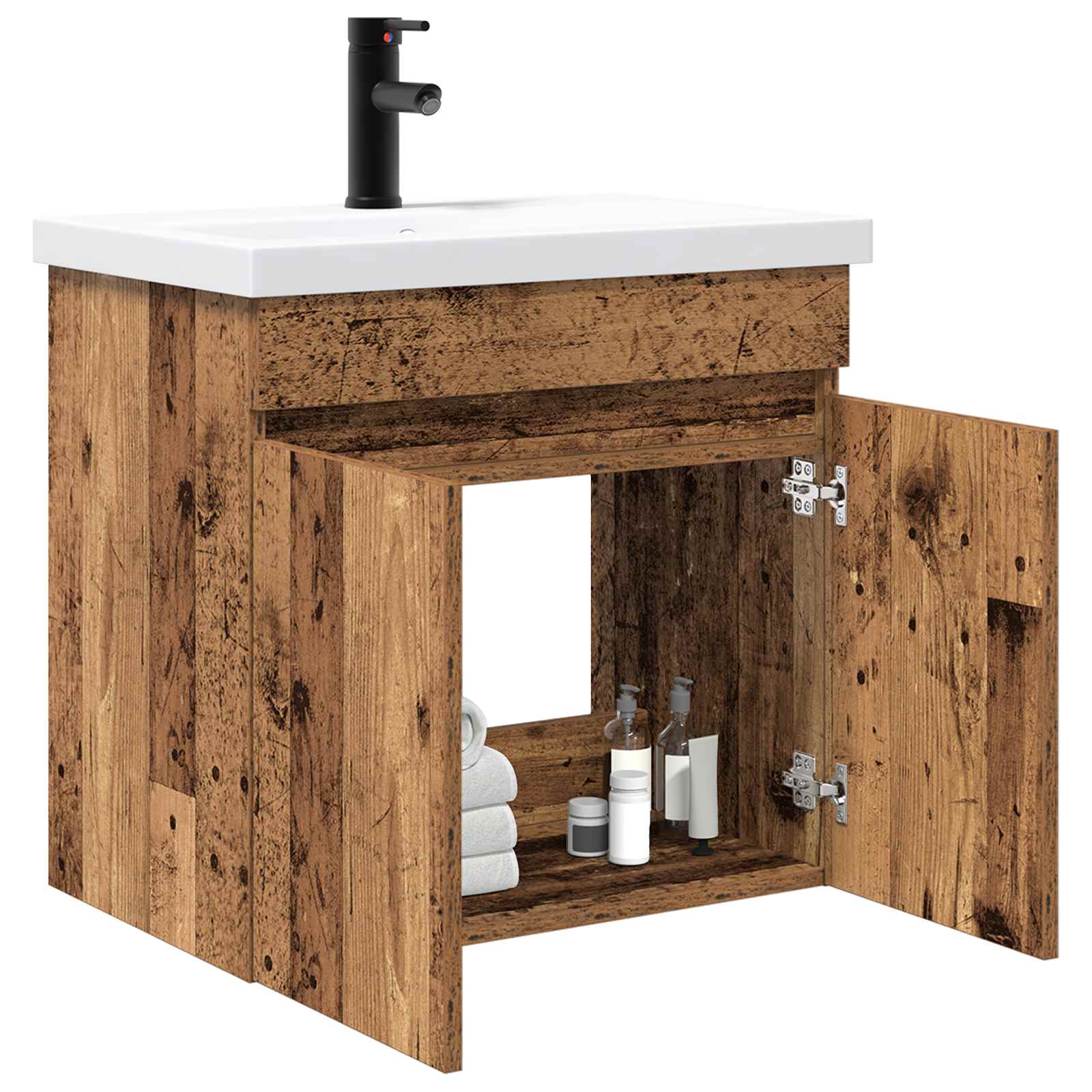 Badezimmer Waschtischunterschrank mit Wasserhahn Altholz