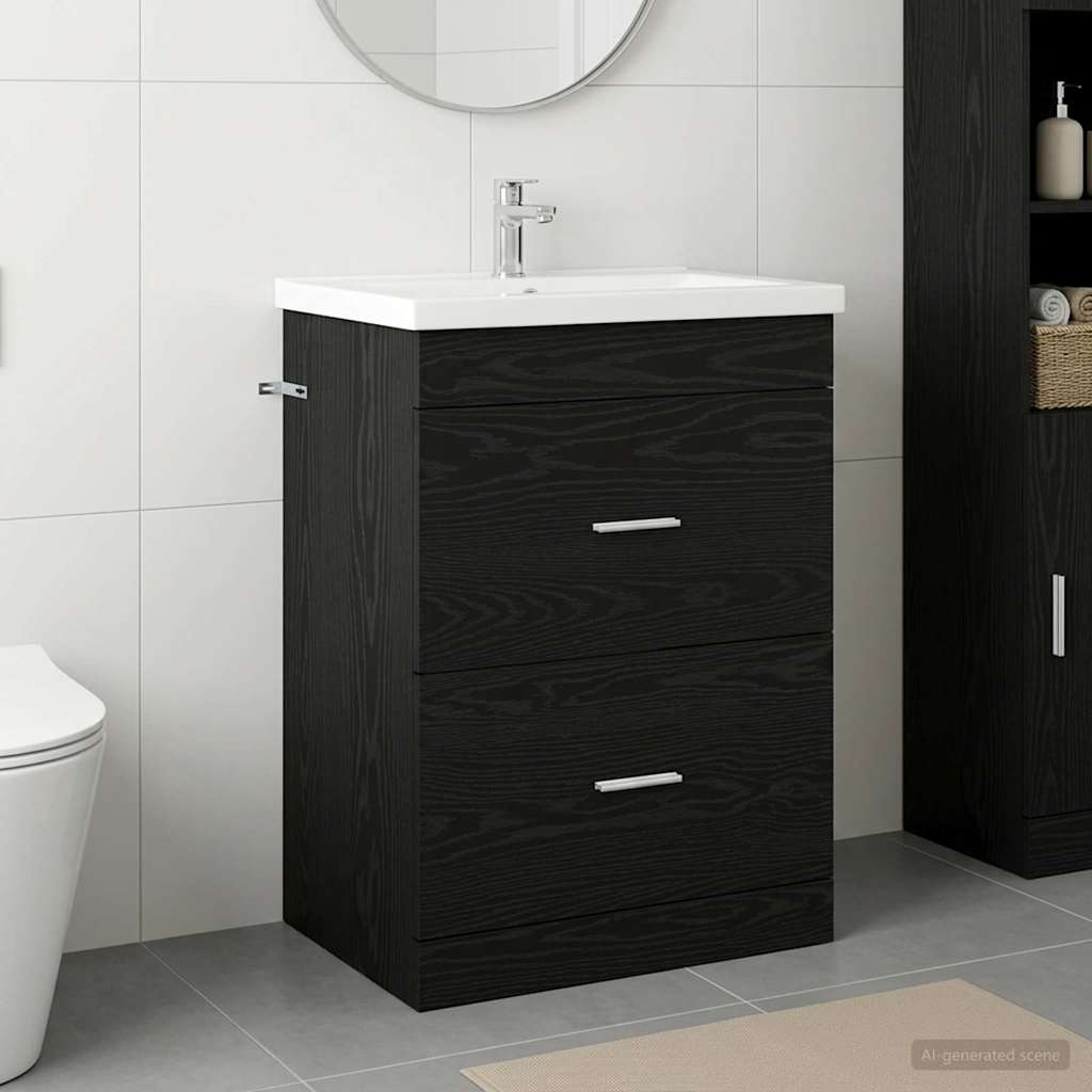 Waschbeckenunterschrank Schwarz Eichen-Optik 56 x 37,5 x 81 cm