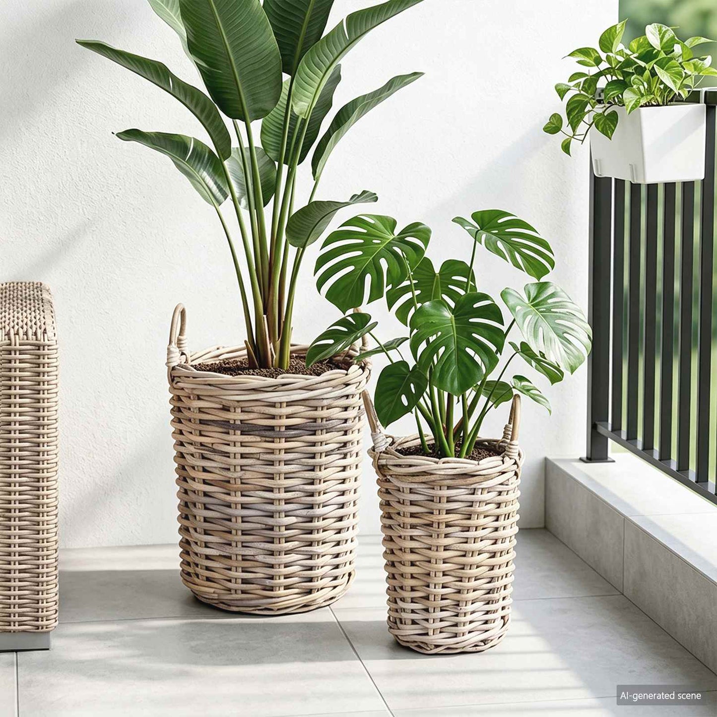 Blumentopfkorb mit Speicher 2 Stk. Natürliches Grau Kubu Rattan