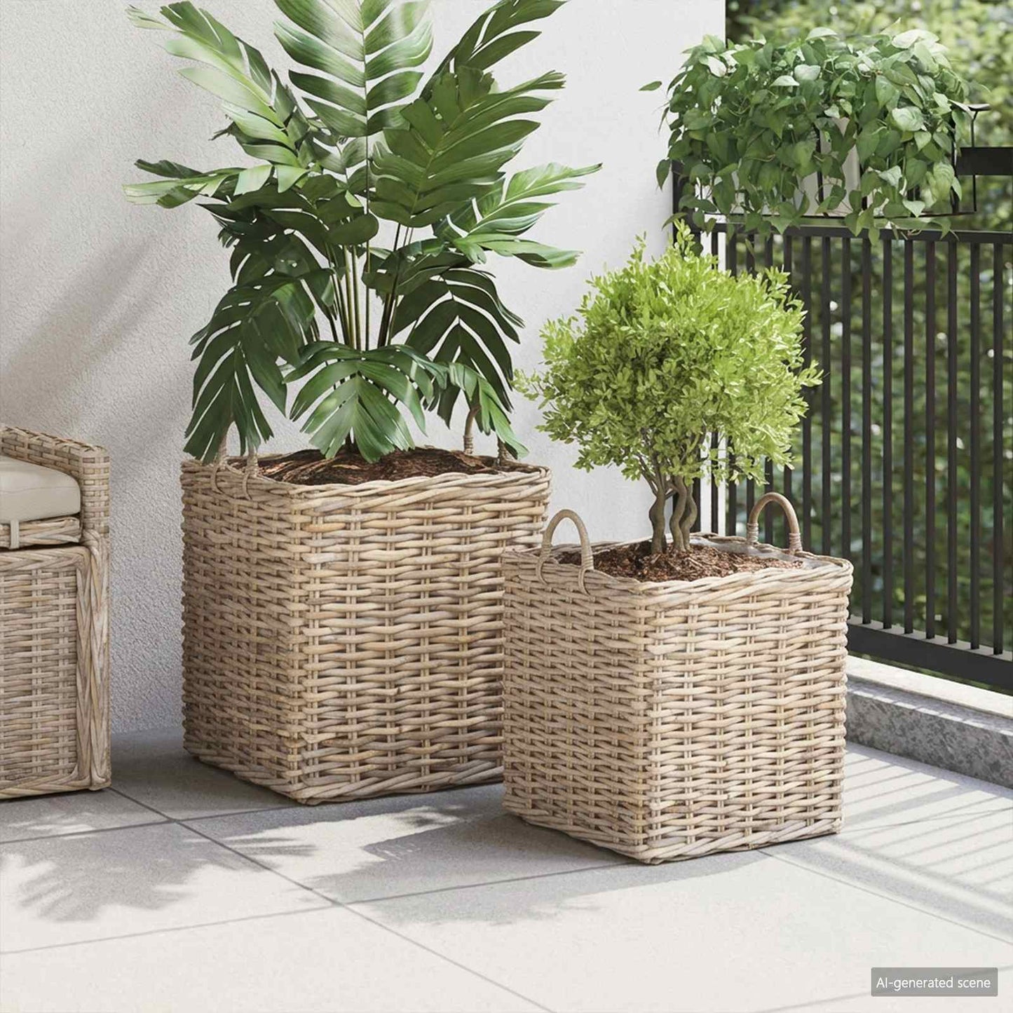 Pflanzer Korb mit Speicher 2 Stk. Natürliches Grau Kubu Rattan