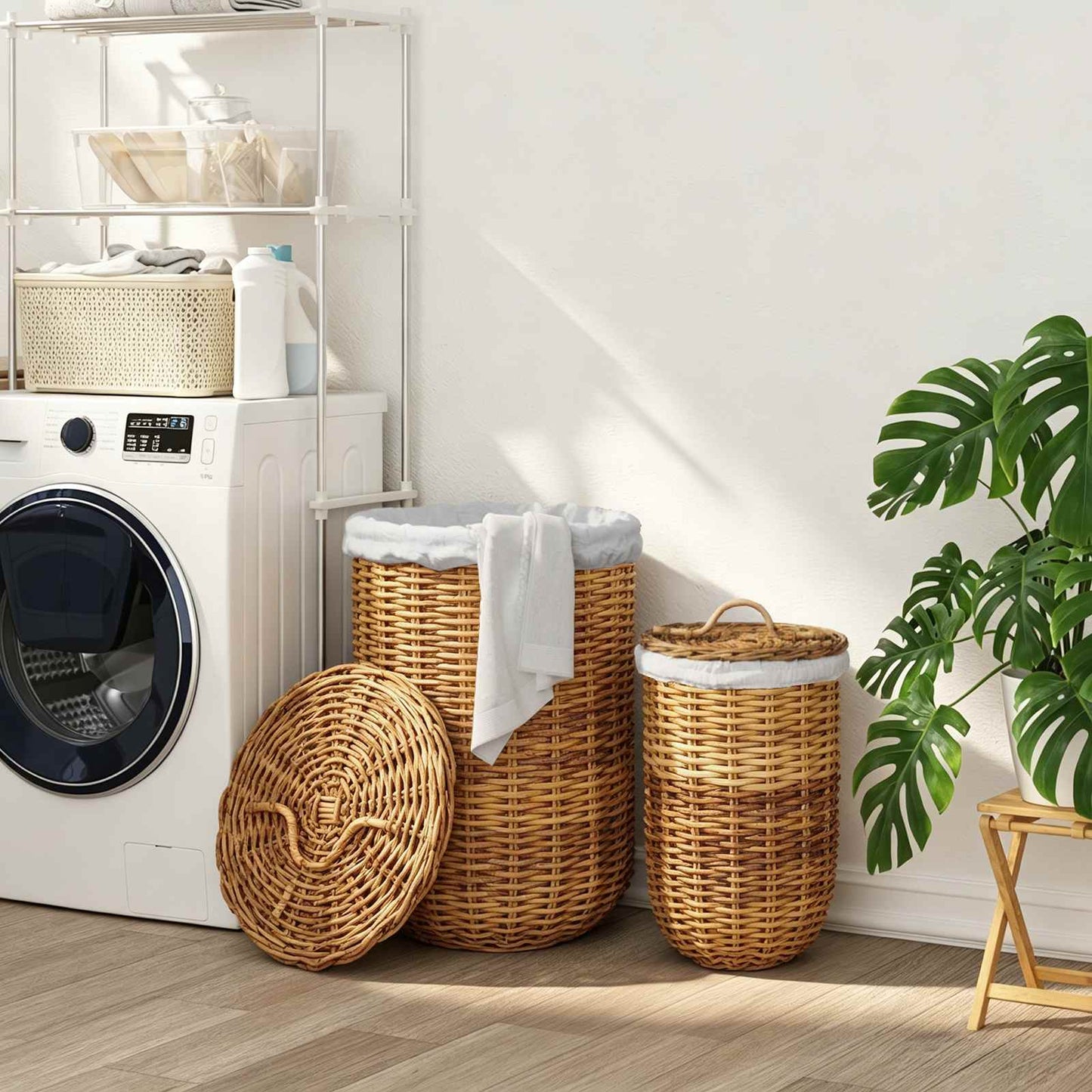 Wäschekorb mit Deckel 2 Stk. Naturbraun Kubu Rattan