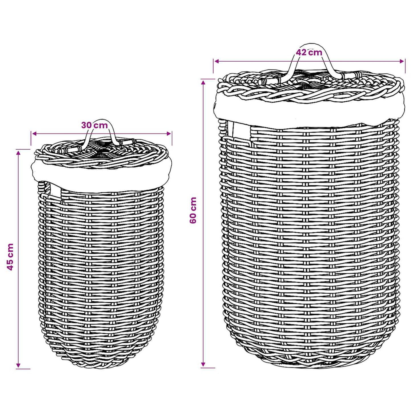 Wäschekorb mit Deckel 2 Stk. Naturbraun Kubu Rattan