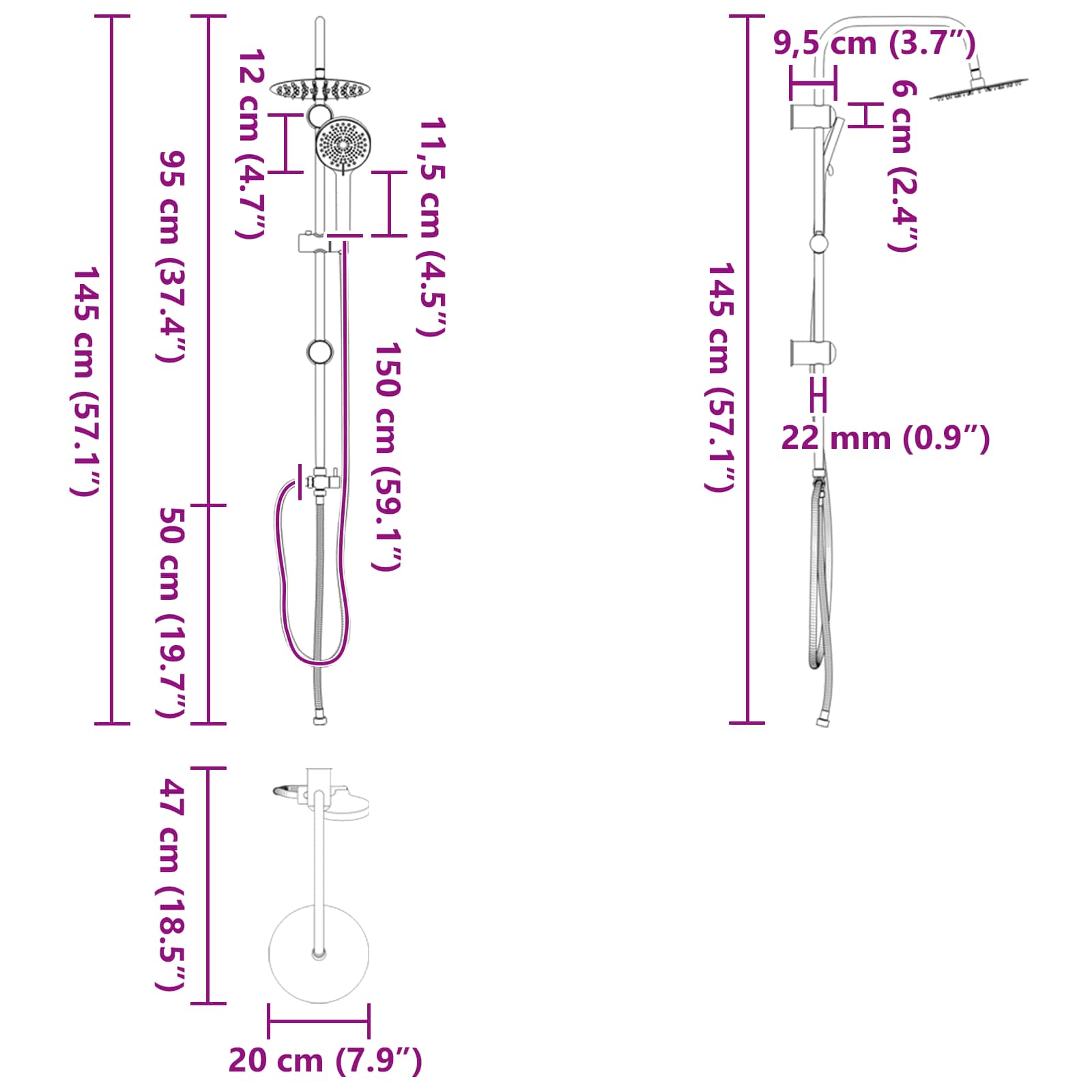 Duschsystem Schwarz 47 x 20 x 95 cm Edelstahl