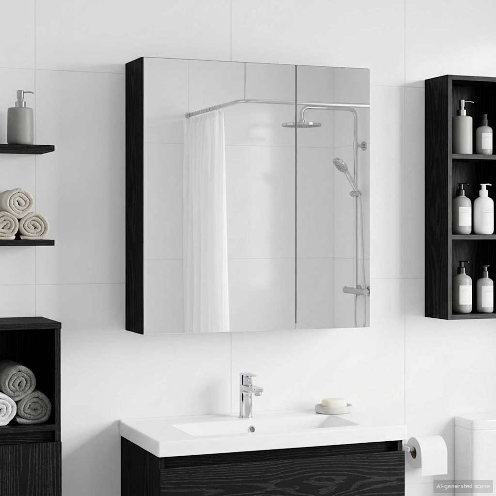 Badezimmerspiegelschrank Schwarz Eichen-Optik 60 x 14,5 x 70 cm