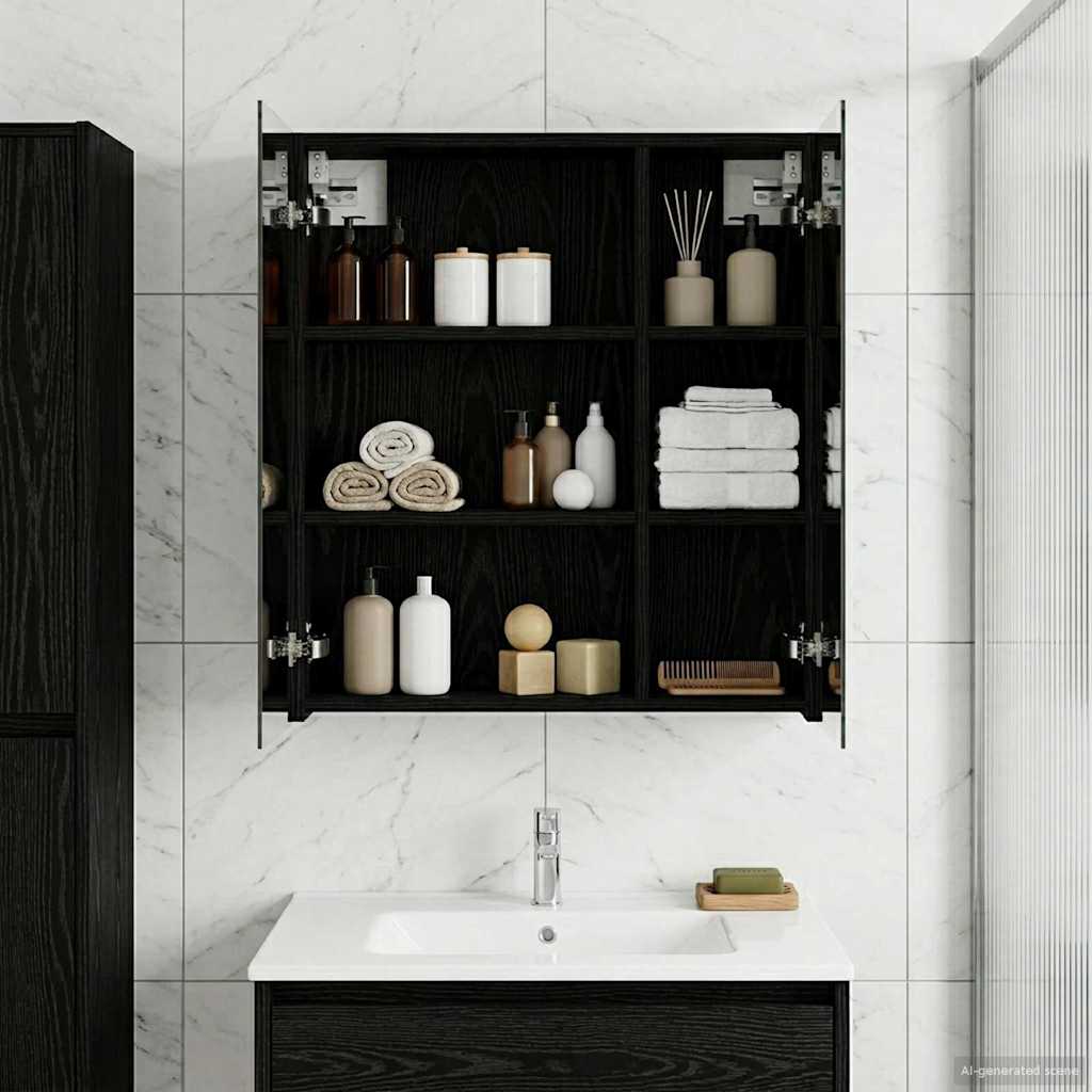 Badezimmerspiegelschrank Schwarz Eichen-Optik 60 x 14,5 x 70 cm