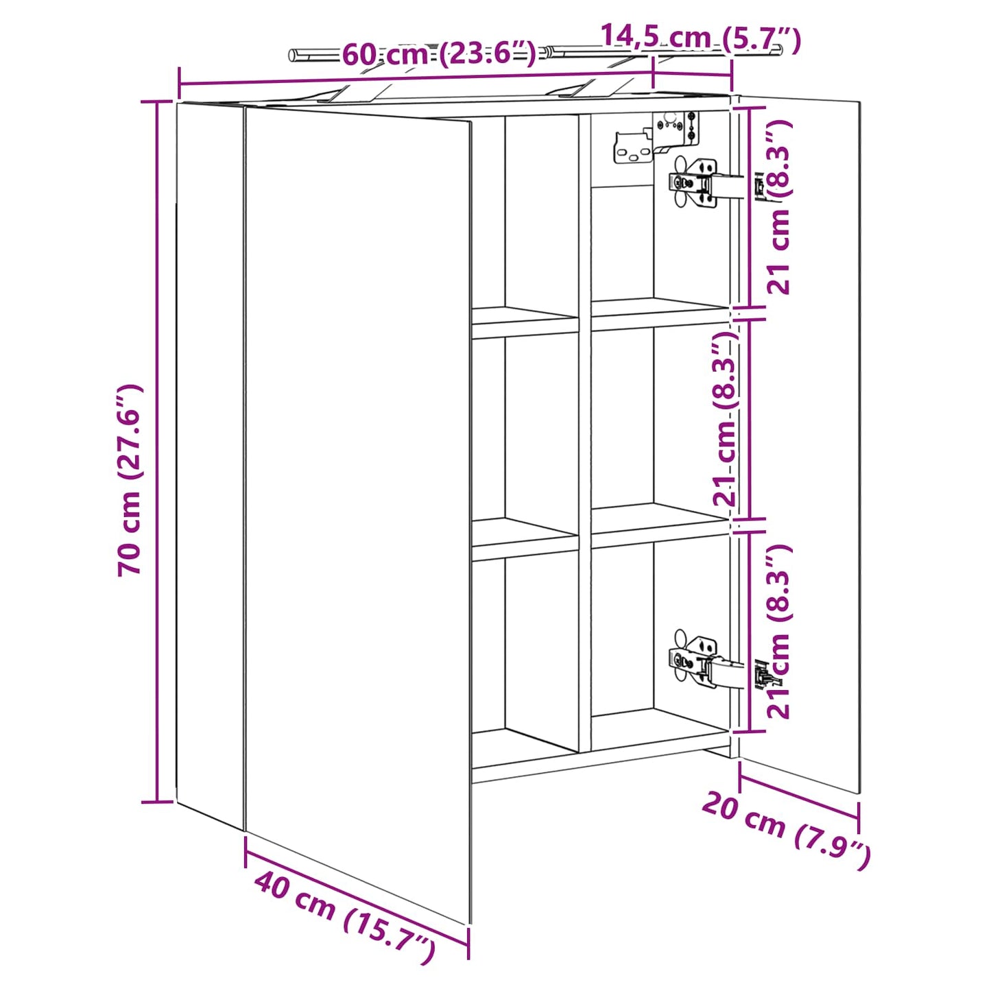 Badezimmerspiegelschrank Schwarz Eichen-Optik 60 x 14,5 x 70 cm