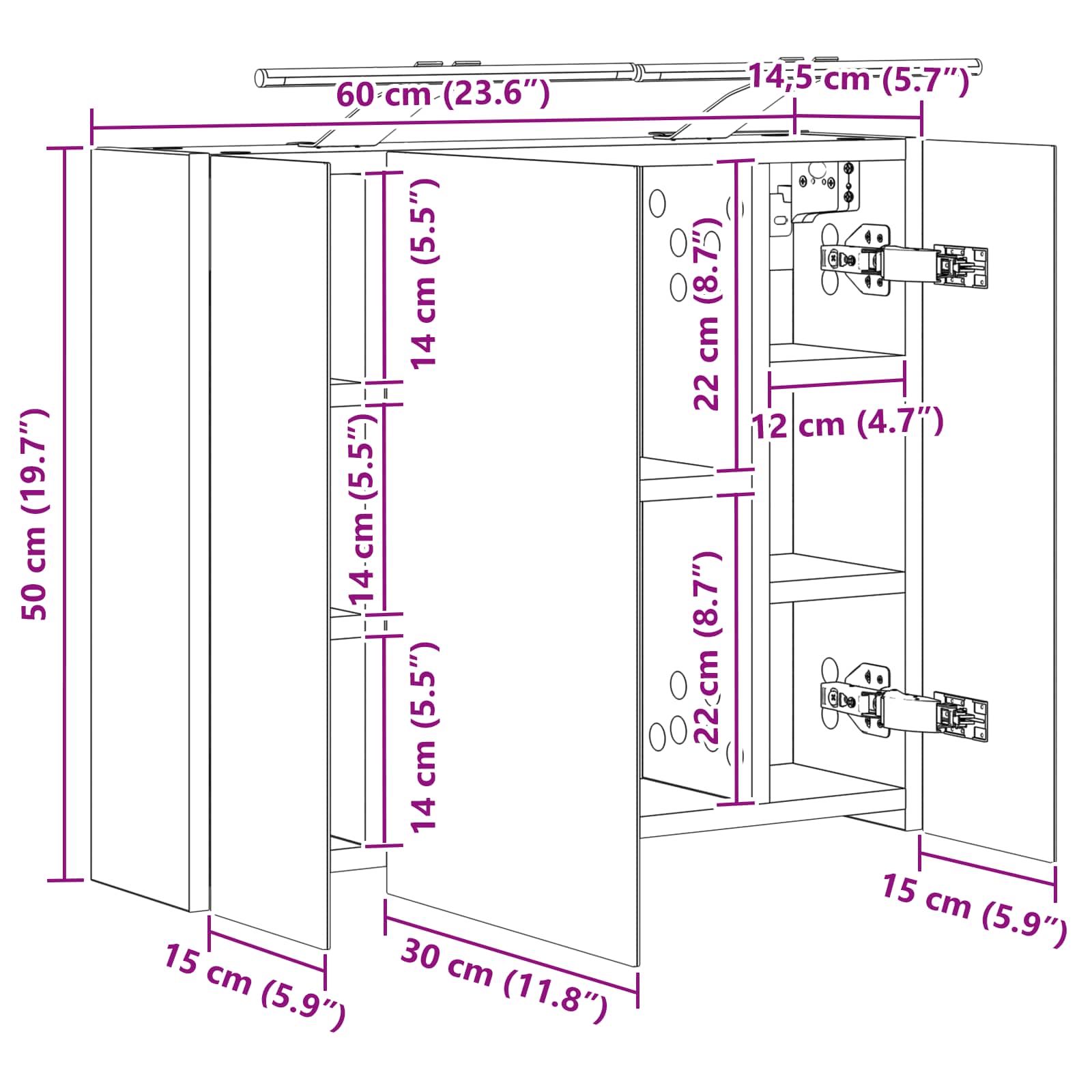Badezimmerspiegelschrank Schwarz Eichen-Optik 60 x 14,5 x 50 cm