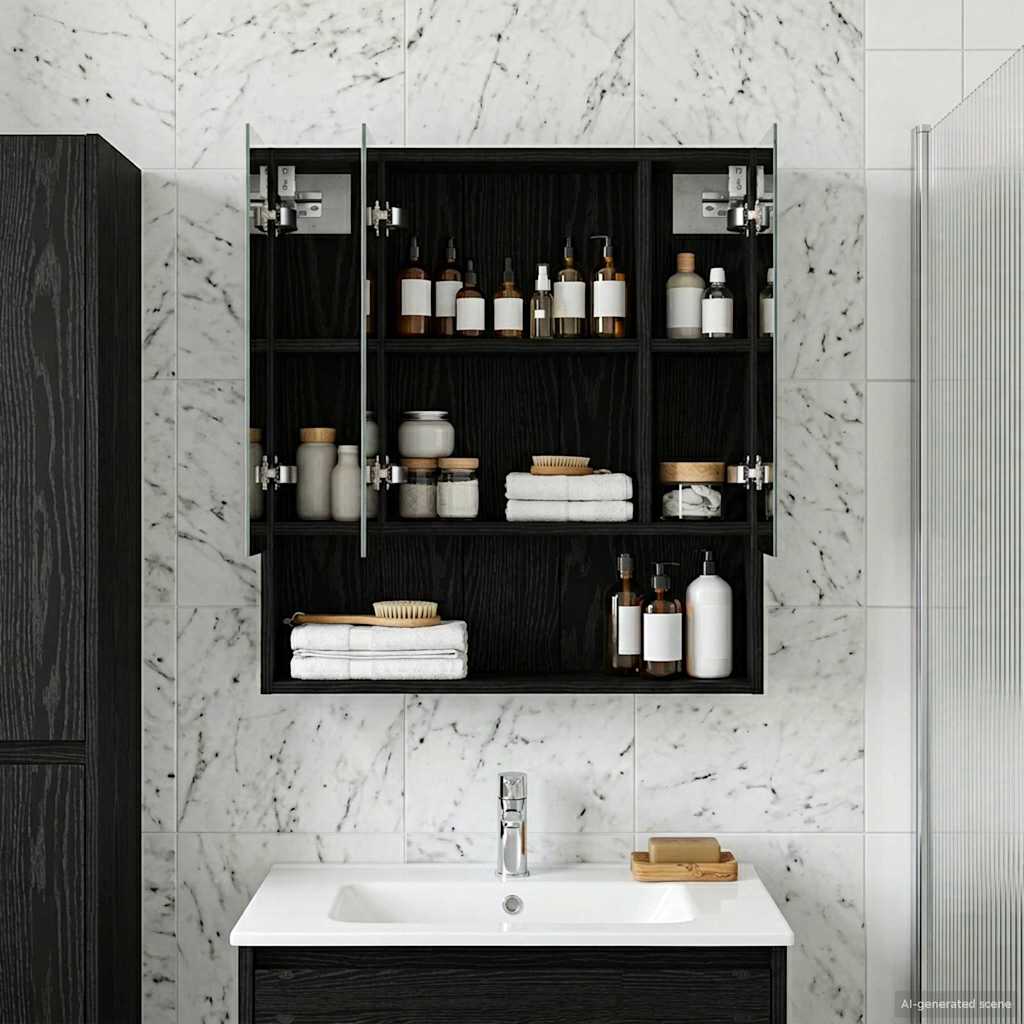 Badezimmerspiegelschrank Schwarz Eichen-Optik 60 x 14,5 x 70 cm