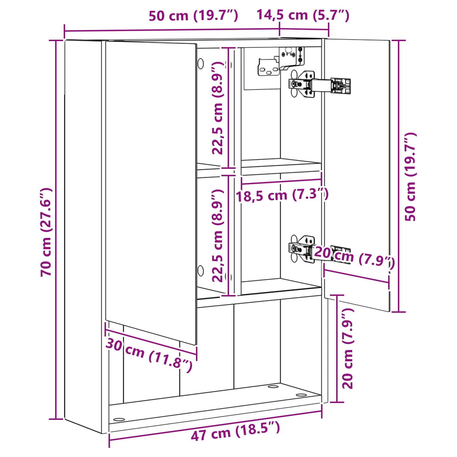 Badezimmerspiegelschrank Schwarz Eichen-Optik 50 x 14,5 x 70 cm