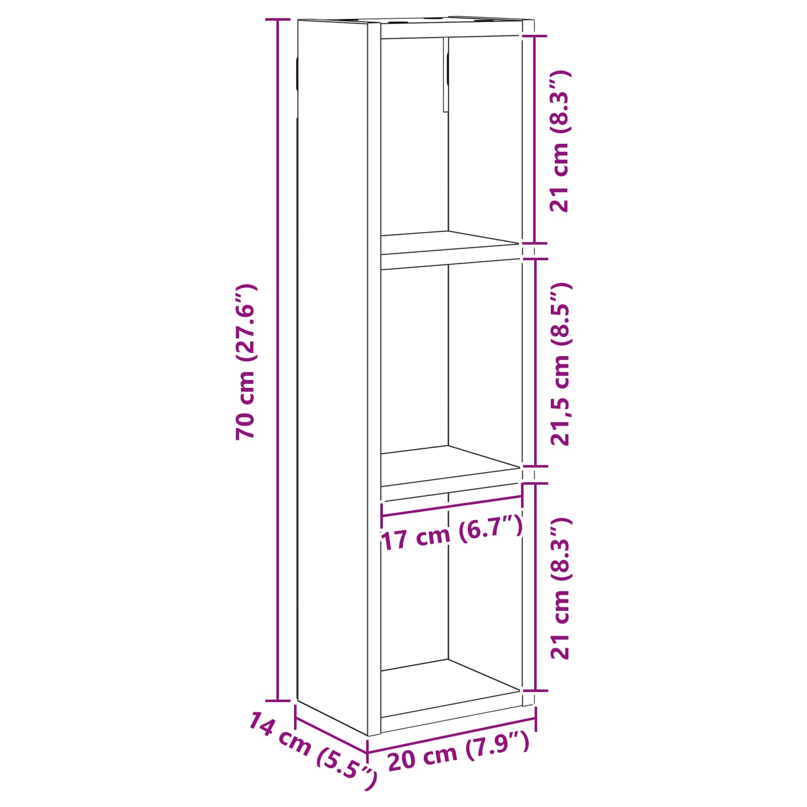 Badezimmer-Wandschrank Sonoma-Grau 20 x 14 x 70 cm