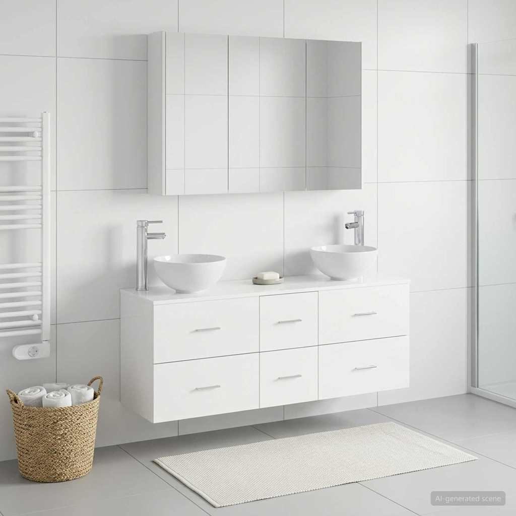 Badezimmermöbel-Set 4 stk. Weiß Ingenieurholz und Glas