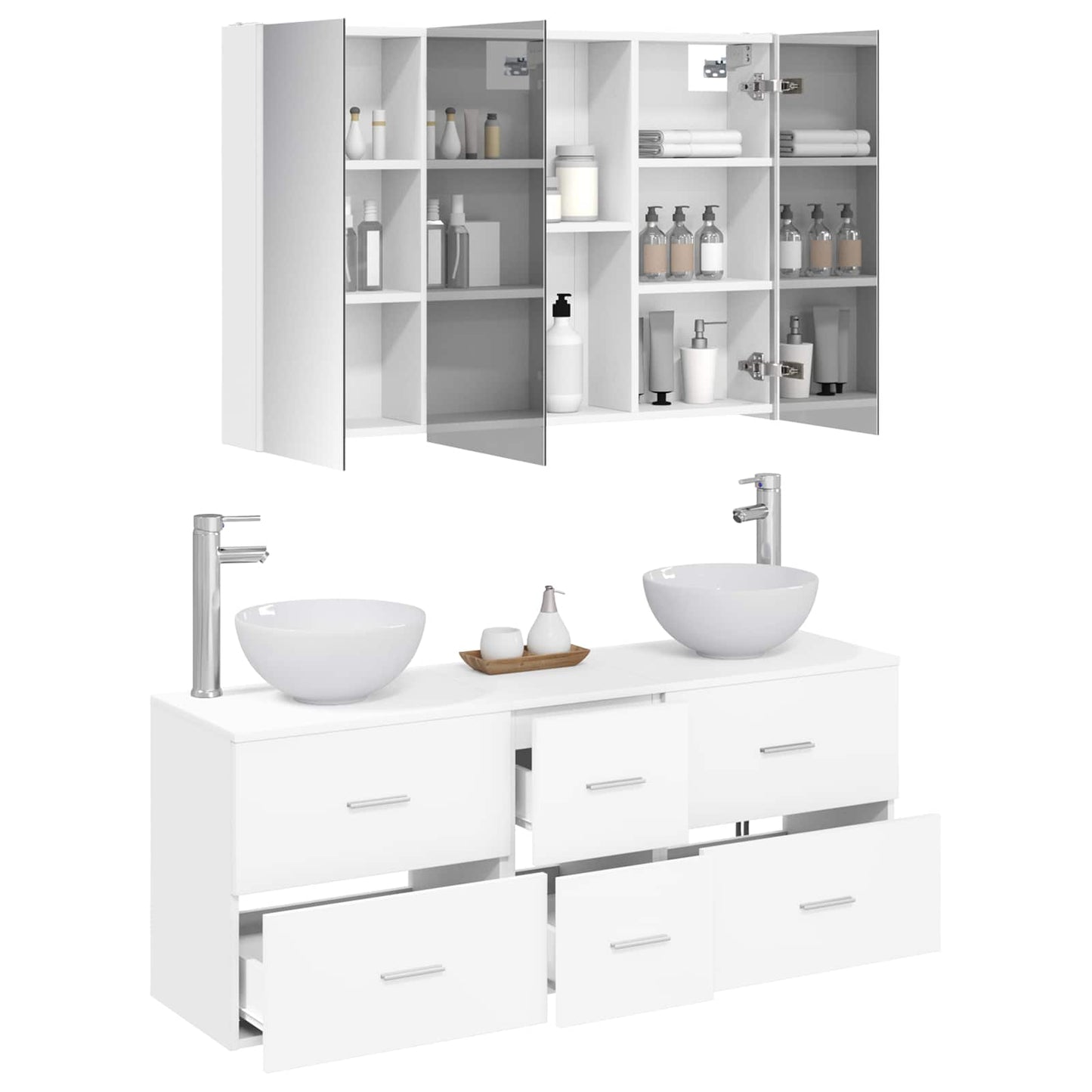 Badezimmermöbel-Set 4 stk. Weiß Ingenieurholz und Glas